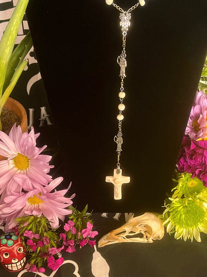 Santa Muerte Rosary with Bone Beads & Cross + Blessed + Sterling Silver Plated Chain + Handcrafted + Rosario