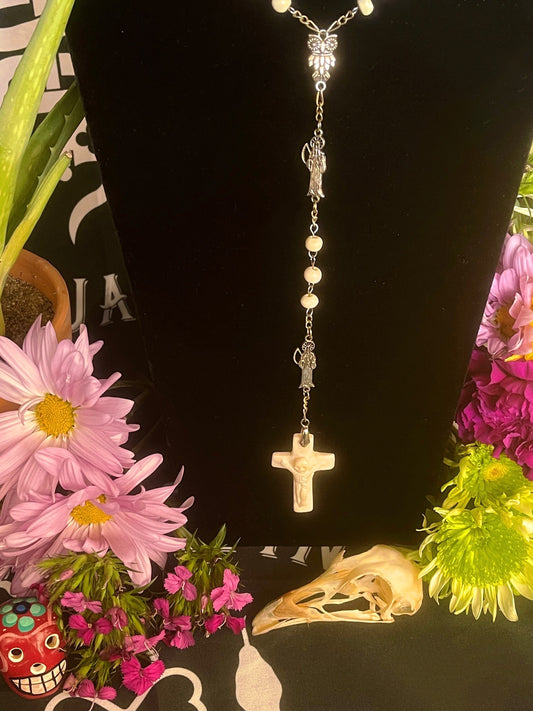 Santa Muerte Rosary with Bone Beads & Cross + Blessed + Sterling Silver Plated Chain + Handcrafted + Rosario