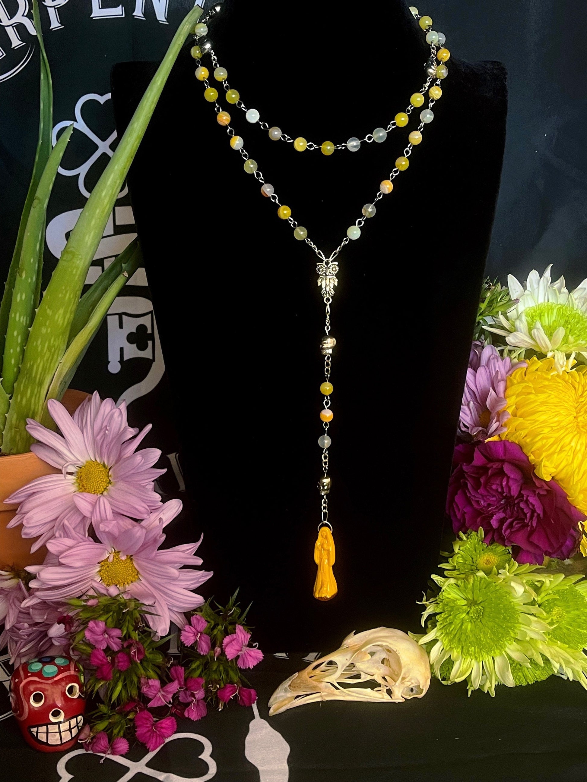 Santa Muerte Amarilla Rosary + Success + Money + Yellow Agate + Blessed + Handcrafted + Gemstone + Sterling Silver Plated Chain + Rosario
