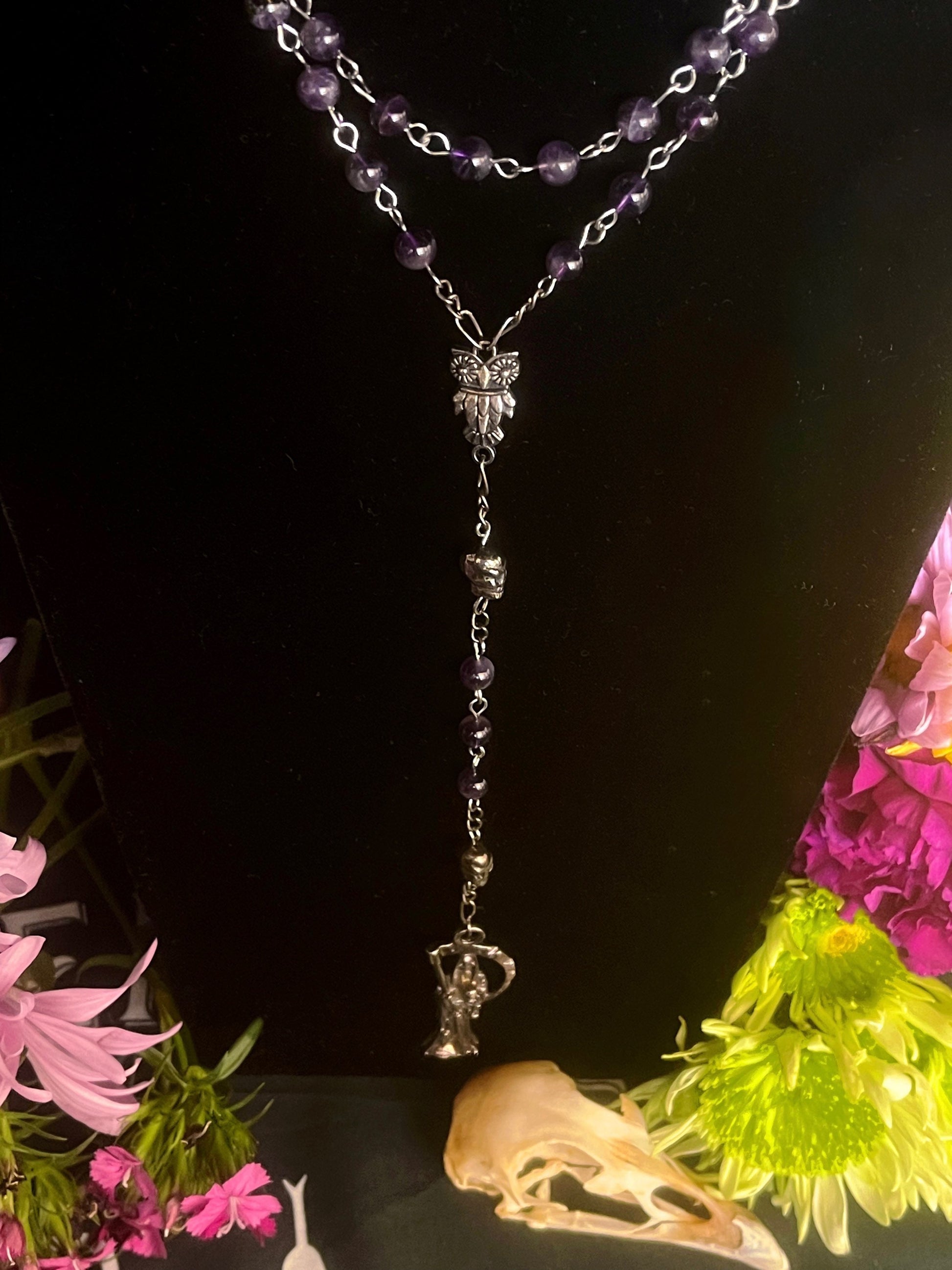 Santa Muerte Morada Rosary + Psychic Vision + Amethyst + Blessed + Purple + Gemstone + Handcrafted + Sterling Silver Chain + Rosario
