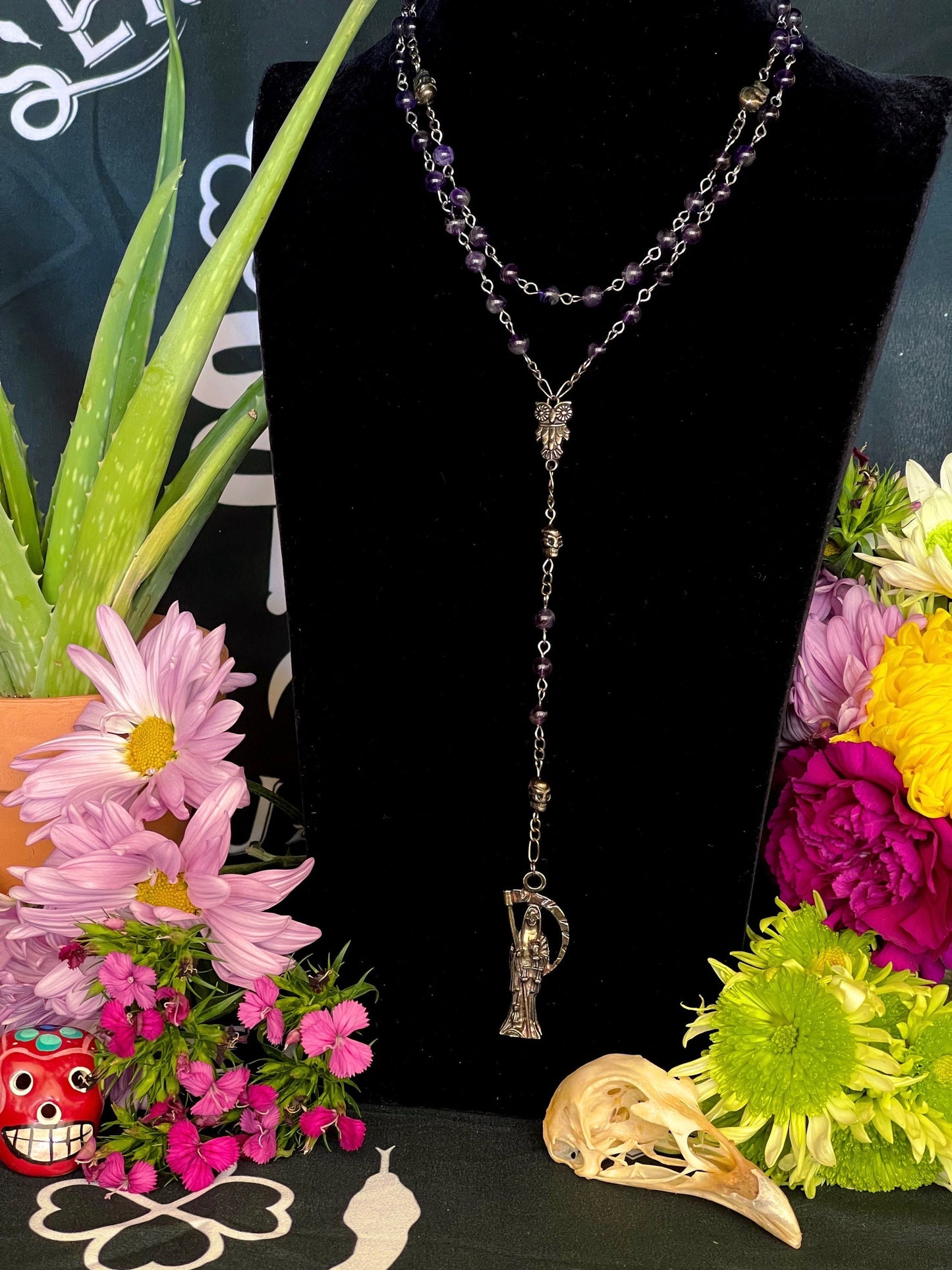 Santa Muerte Morada Rosary + Psychic Vision + Amethyst + Blessed + Purple + Gemstone + Handcrafted + Sterling Silver Chain + Rosario