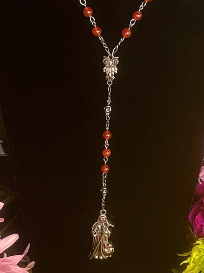 Santa Muerte Roja Rosary + Carnelian + Handcrafted + Gemstone + Sterling Silver Plated Chain + Rosario