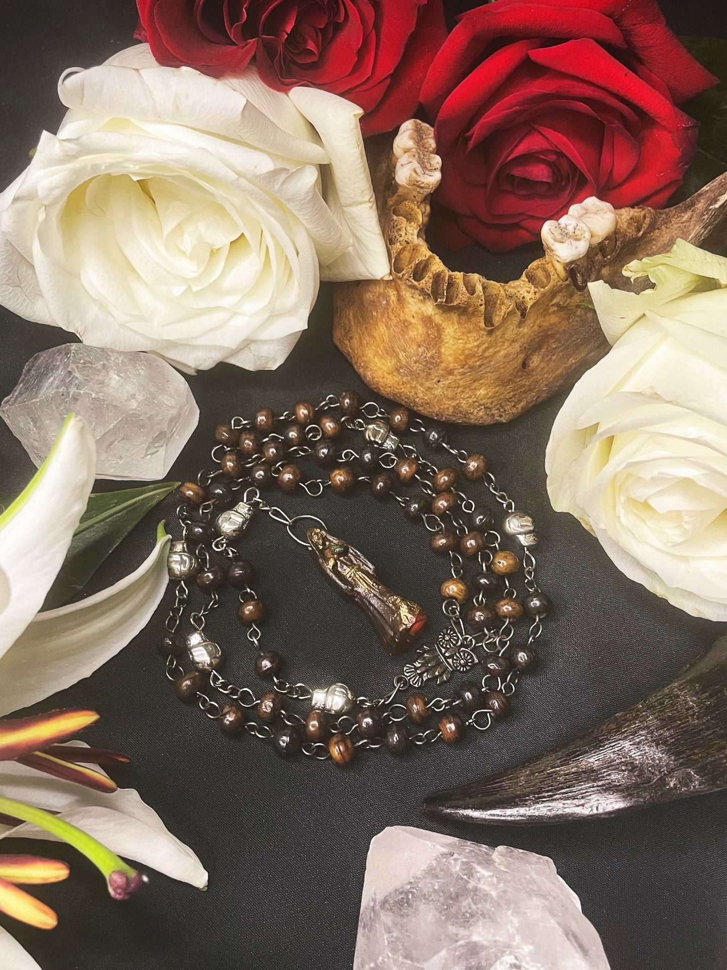 Santa Muerte Marron Rosary with Bone Beads + Brown + Necromancy + Blessed + Sterling Silver Plated Chain + Handcrafted + Rosario