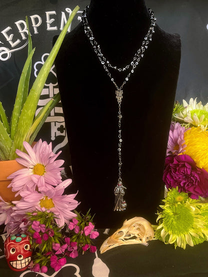 Santa Muerte Negra Evil Eye Rosary + Sterling Silver Plated Chain + Handcrafted + Rosario