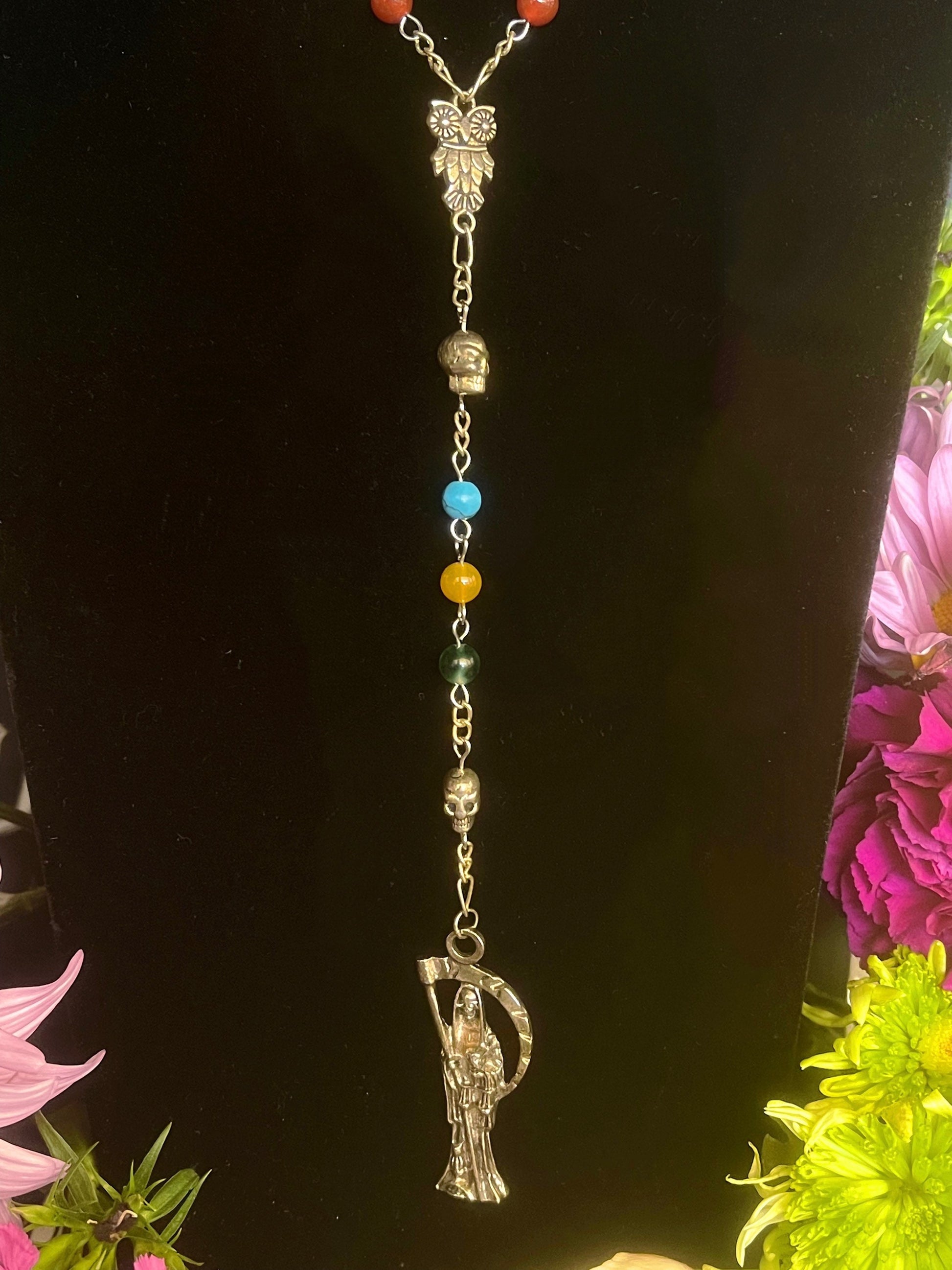 Santa Muerte Siete Colores Rosary + Blessed + Gemstone + Siete Potencias + All-Purpose + Love + Money + Luck + Sterling Silver Plated Chain