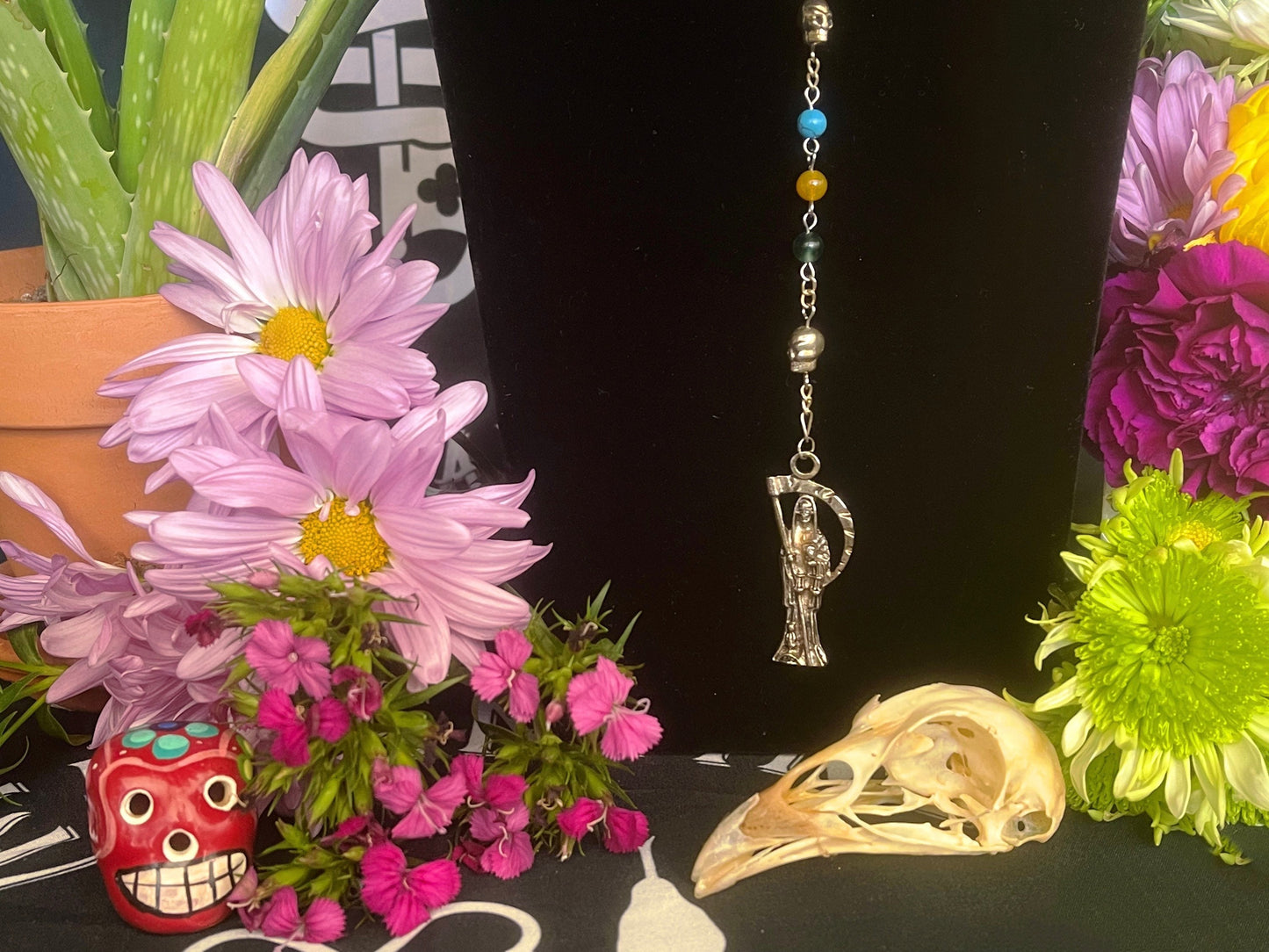 Santa Muerte Siete Colores Rosary + Blessed + Gemstone + Siete Potencias + All-Purpose + Love + Money + Luck + Sterling Silver Plated Chain