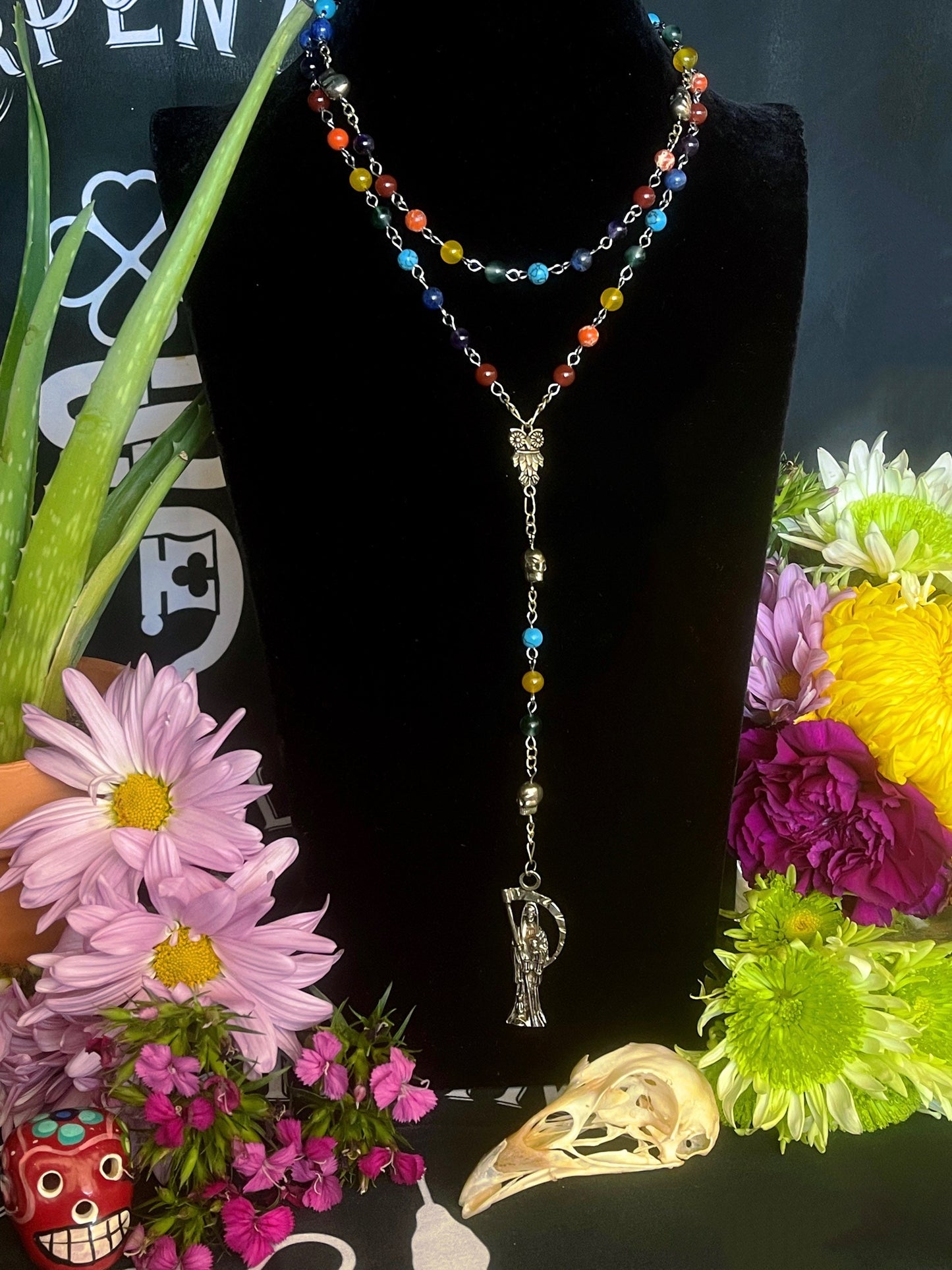 Santa Muerte Siete Colores Rosary + Blessed + Gemstone + Siete Potencias + All-Purpose + Love + Money + Luck + Sterling Silver Plated Chain