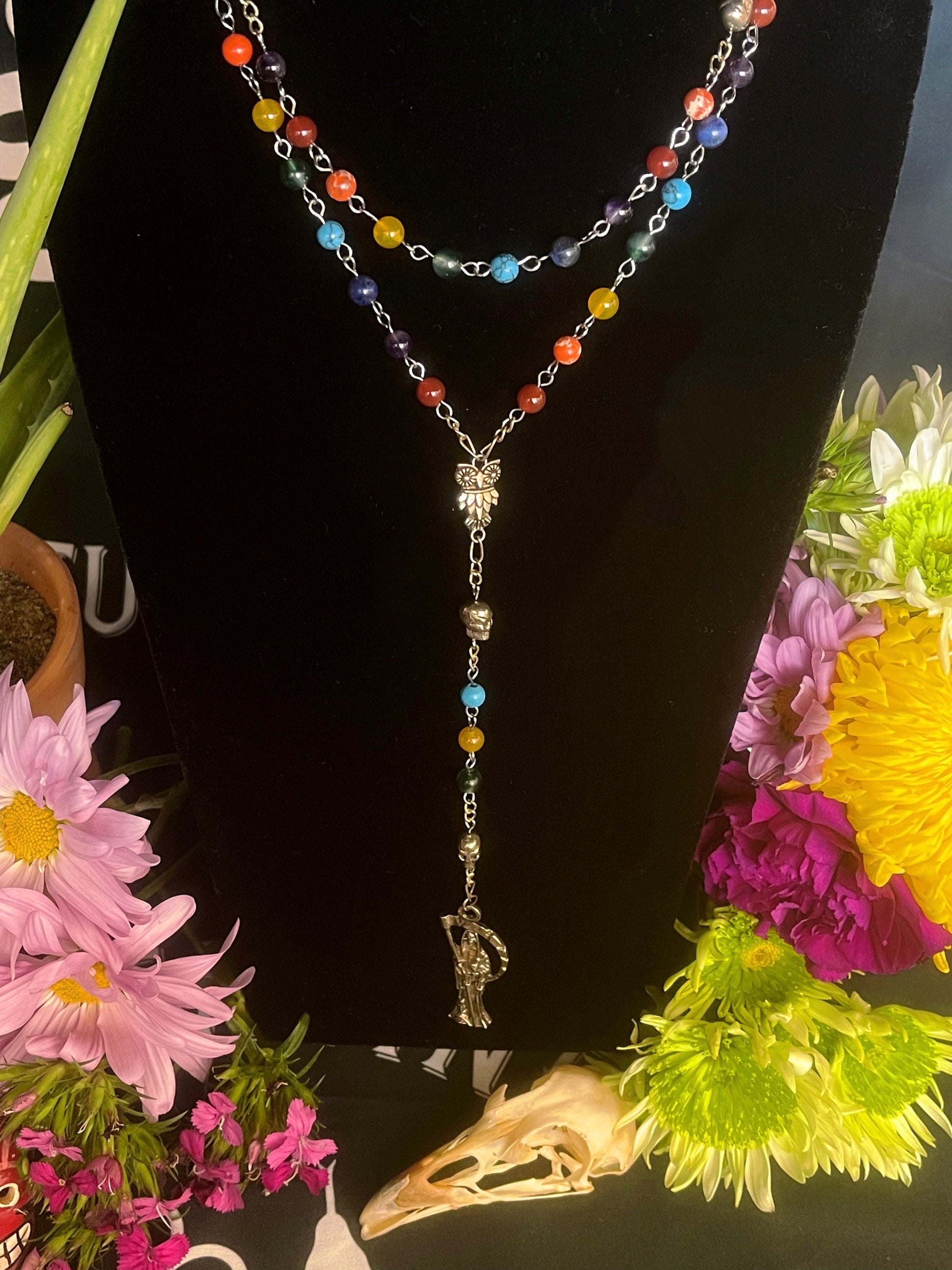 Santa Muerte Siete Colores Rosary + Blessed + Gemstone + Siete Potencias + All-Purpose + Love + Money + Luck + Sterling Silver Plated Chain
