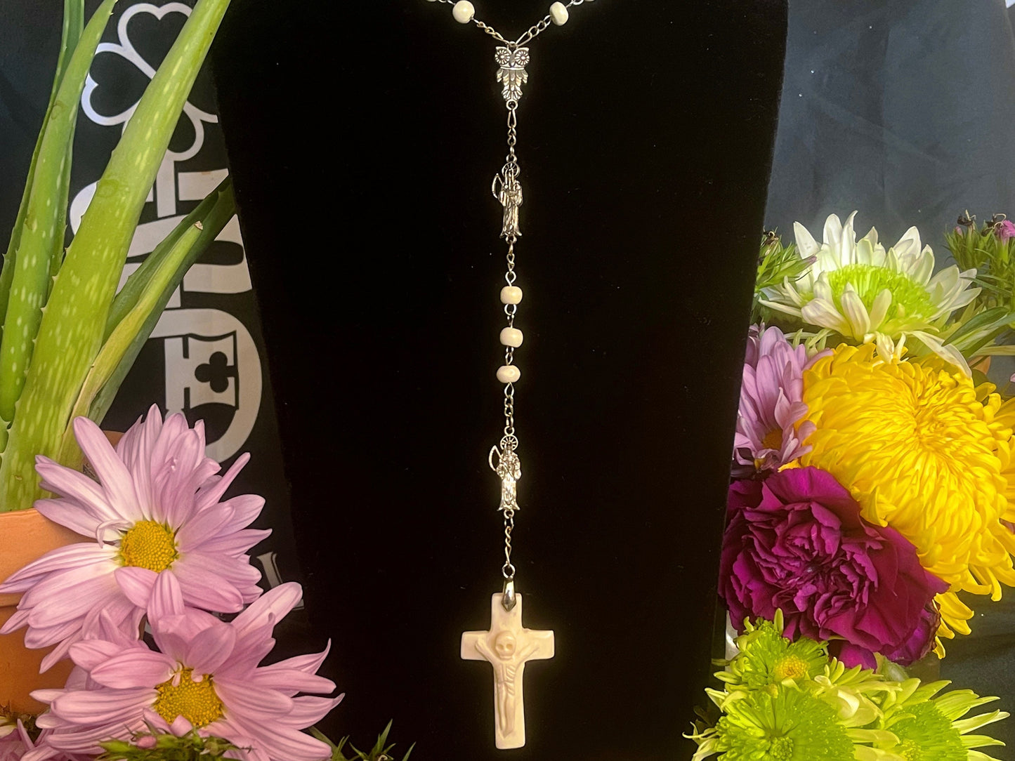 Santa Muerte Rosary with Bone Beads & Cross + Blessed + Sterling Silver Plated Chain + Handcrafted + Rosario