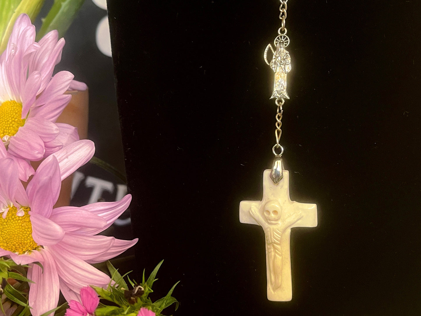 Santa Muerte Rosary with Bone Beads & Cross + Blessed + Sterling Silver Plated Chain + Handcrafted + Rosario