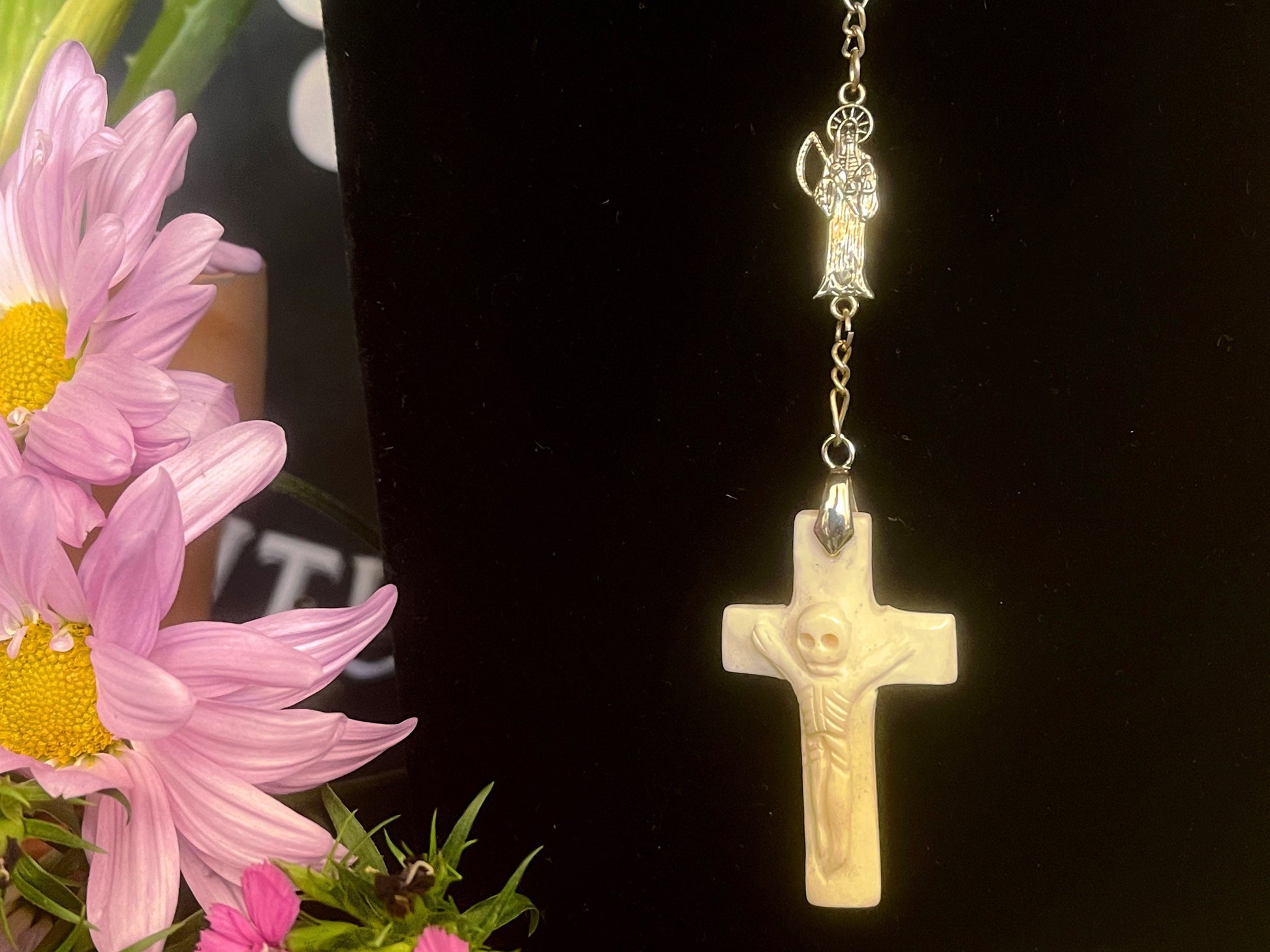 Santa Muerte Rosary with Bone Beads & Cross + Blessed + Sterling Silver Plated Chain + Handcrafted + Rosario