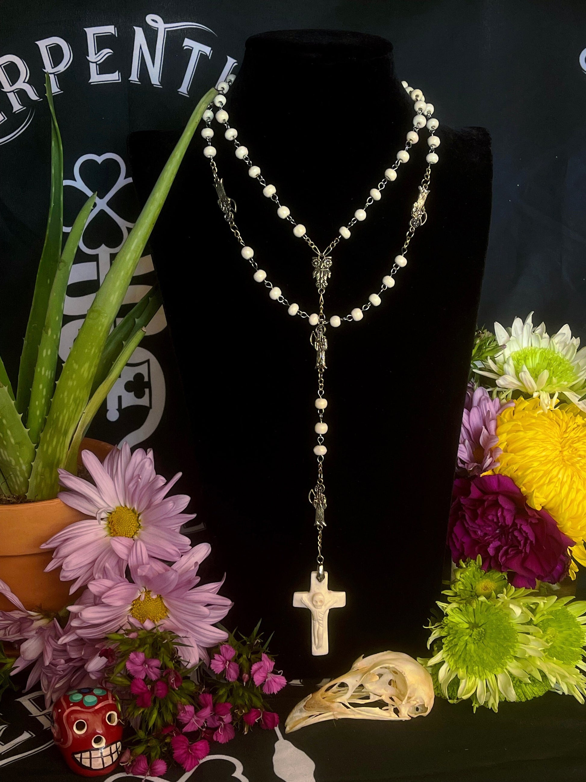 Santa Muerte Rosary with Bone Beads & Cross + Blessed + Sterling Silver Plated Chain + Handcrafted + Rosario