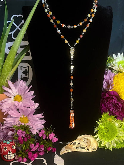 Santa Muerte Naranja Rosary + Orange Agate + Blessed + Sterling Silver Plated Chain + Rosario + Gemstone