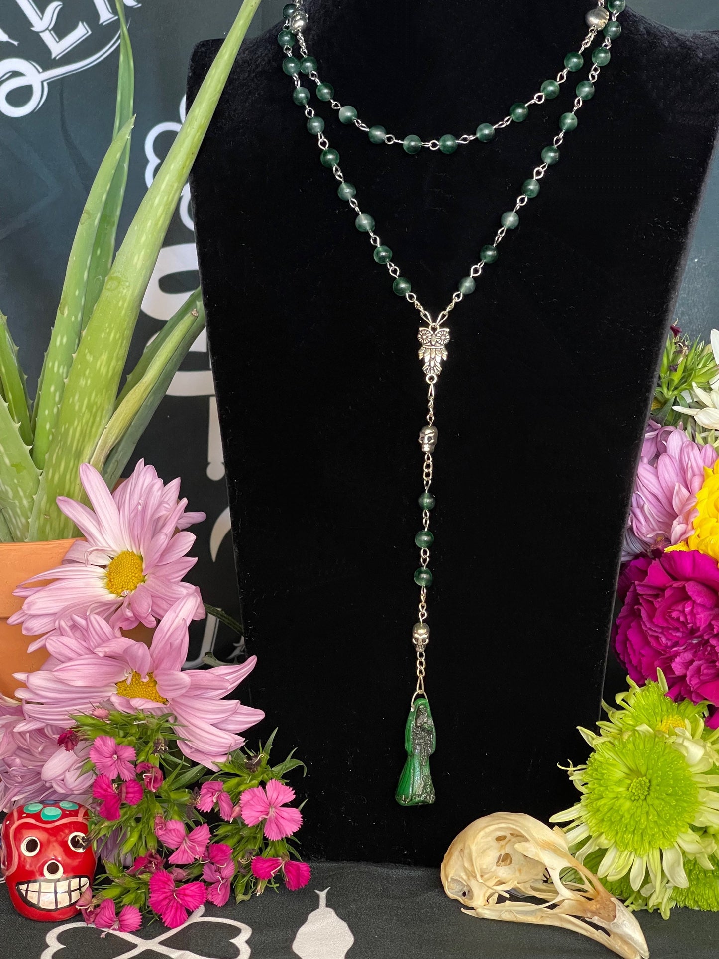 Santa Muerte Verde Rosary + Moss Agate + Green + Money + Legal Issues + Justice + Blessed + Sterling Silver Plated Chain + Handcrafted