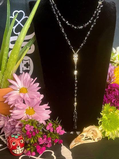 Santa Muerte Negra Rosary + Blessed + Sterling Silver Plated Chain + Handcrafted + Rosario