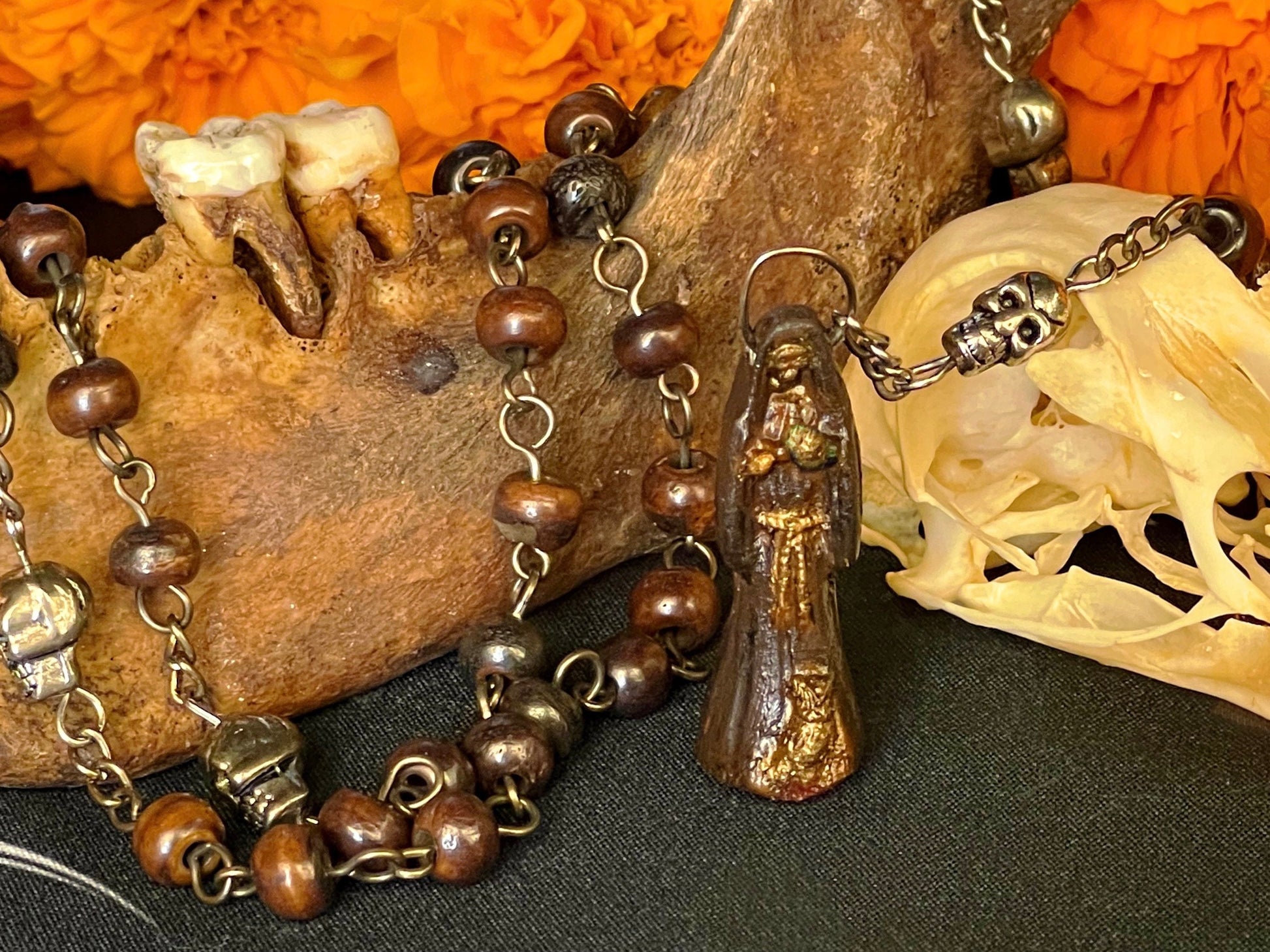 Santa Muerte Marron Rosary with Bone Beads + Brown + Necromancy + Blessed + Sterling Silver Plated Chain + Handcrafted + Rosario