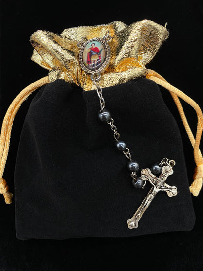 Saint Expedite Blessed Rosary + Hematite + San Expedito + Expeditus + Fast Luck + Money + Quick Results + Rosario