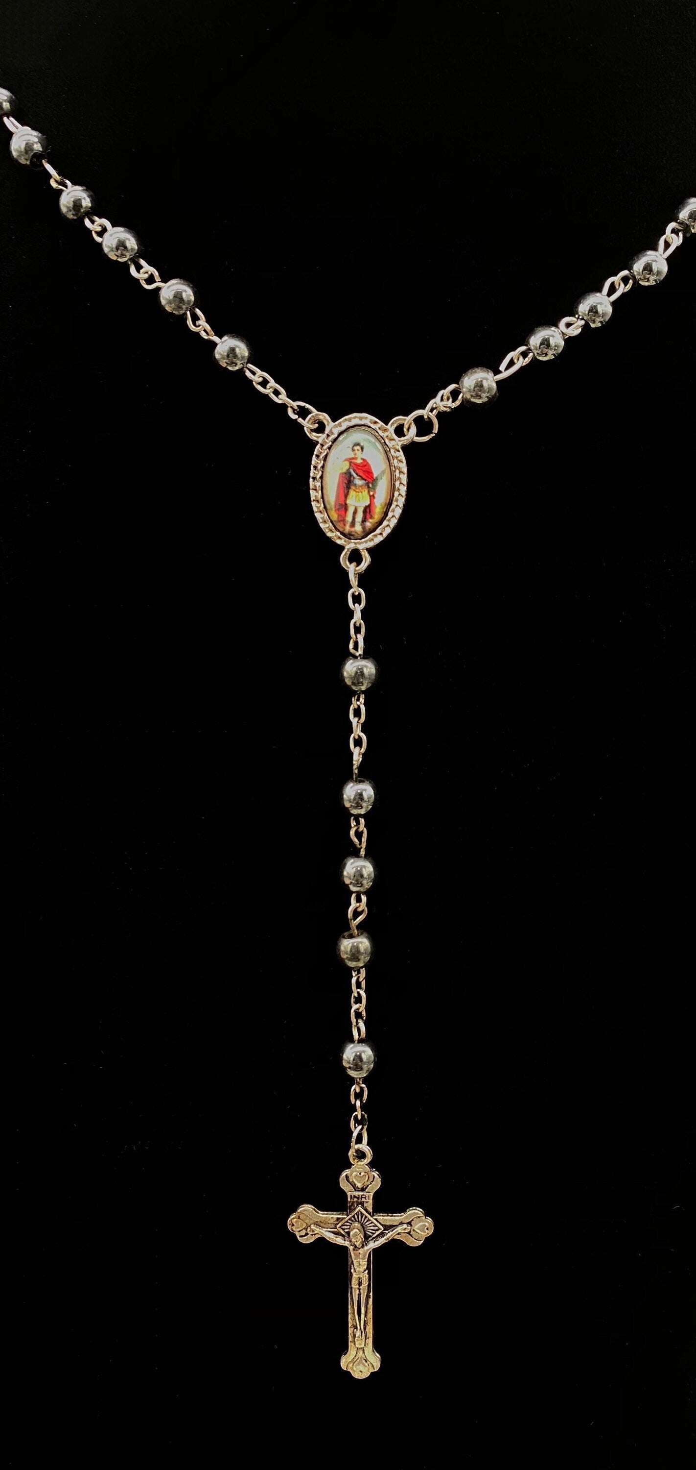 Saint Expedite Blessed Rosary + Hematite + Sterling Silver Plated + San Expedito + Expeditus + Fast Luck + Money