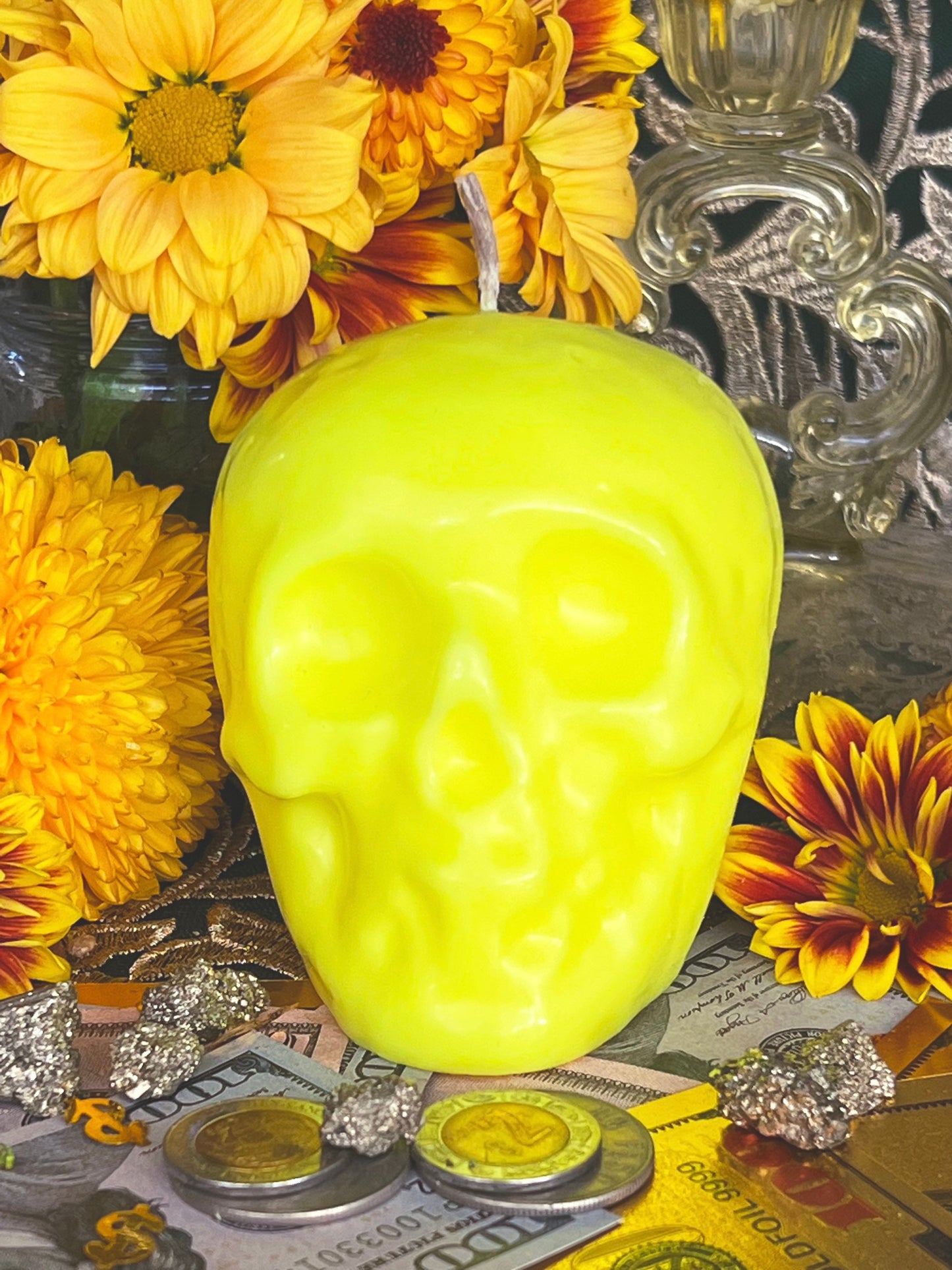 Neon Skull Candle + Influence Thoughts + Mental Health + Glows under Blacklight
