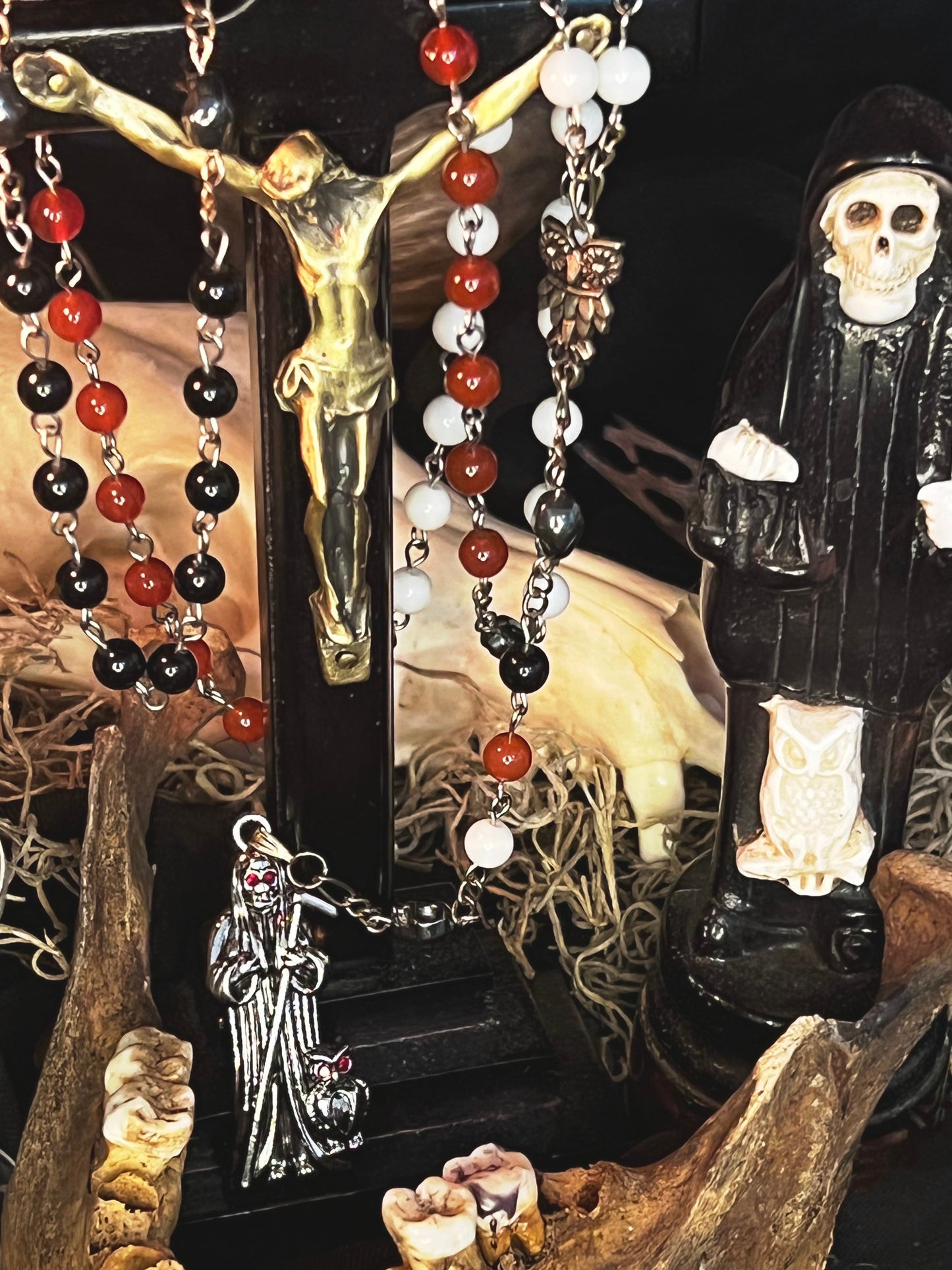 Santa Muerte 3 Robes Rosary + Gemstone + Blessed + Traditional Colors + Sterling Silver Plated Chain + Handcrafted + Rosario + All-Purpose