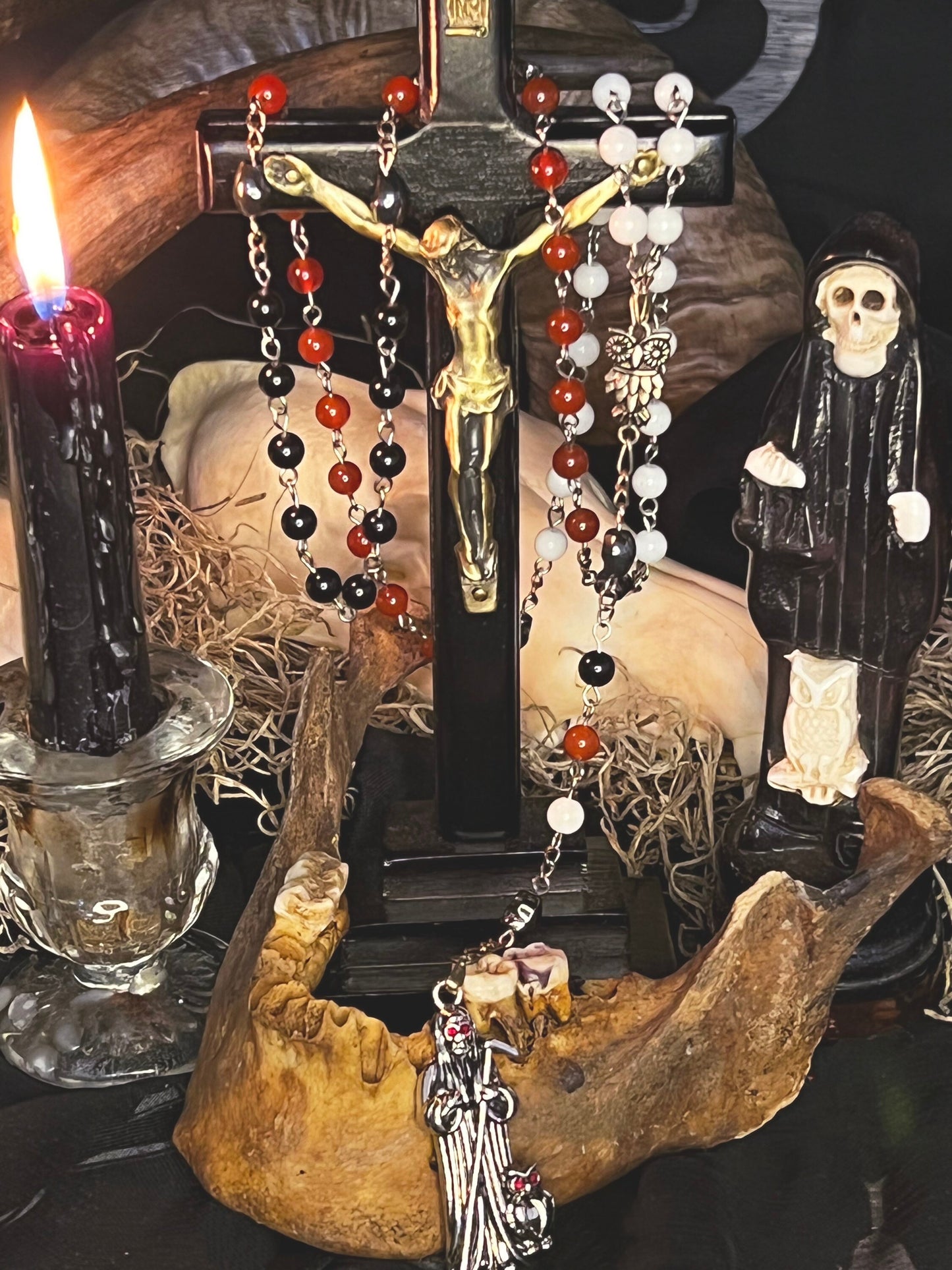 Santa Muerte 3 Robes Rosary + Gemstone + Blessed + Traditional Colors + Sterling Silver Plated Chain + Handcrafted + Rosario + All-Purpose