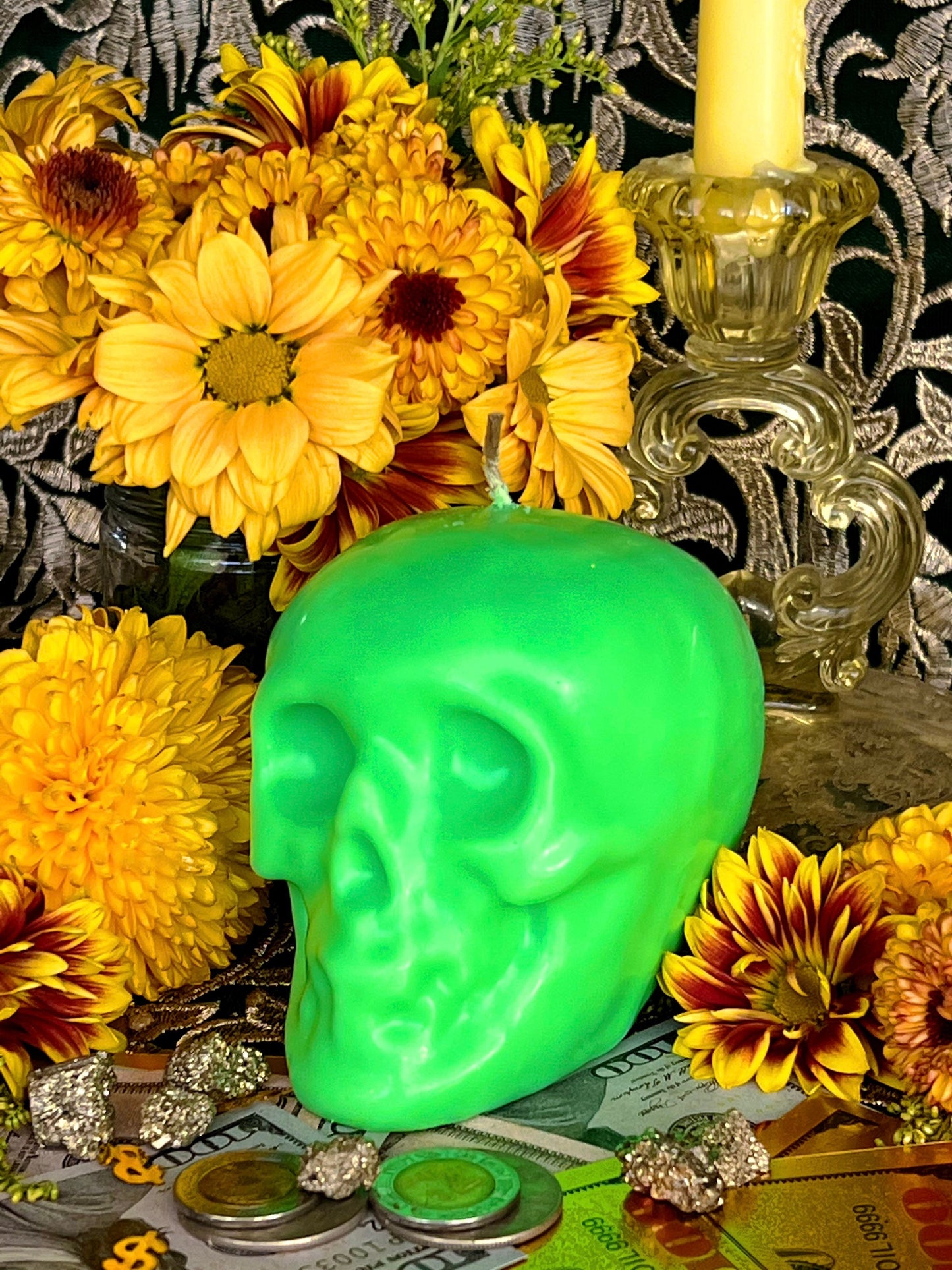 Neon Skull Candle + Influence Thoughts + Mental Health + Glows under Blacklight