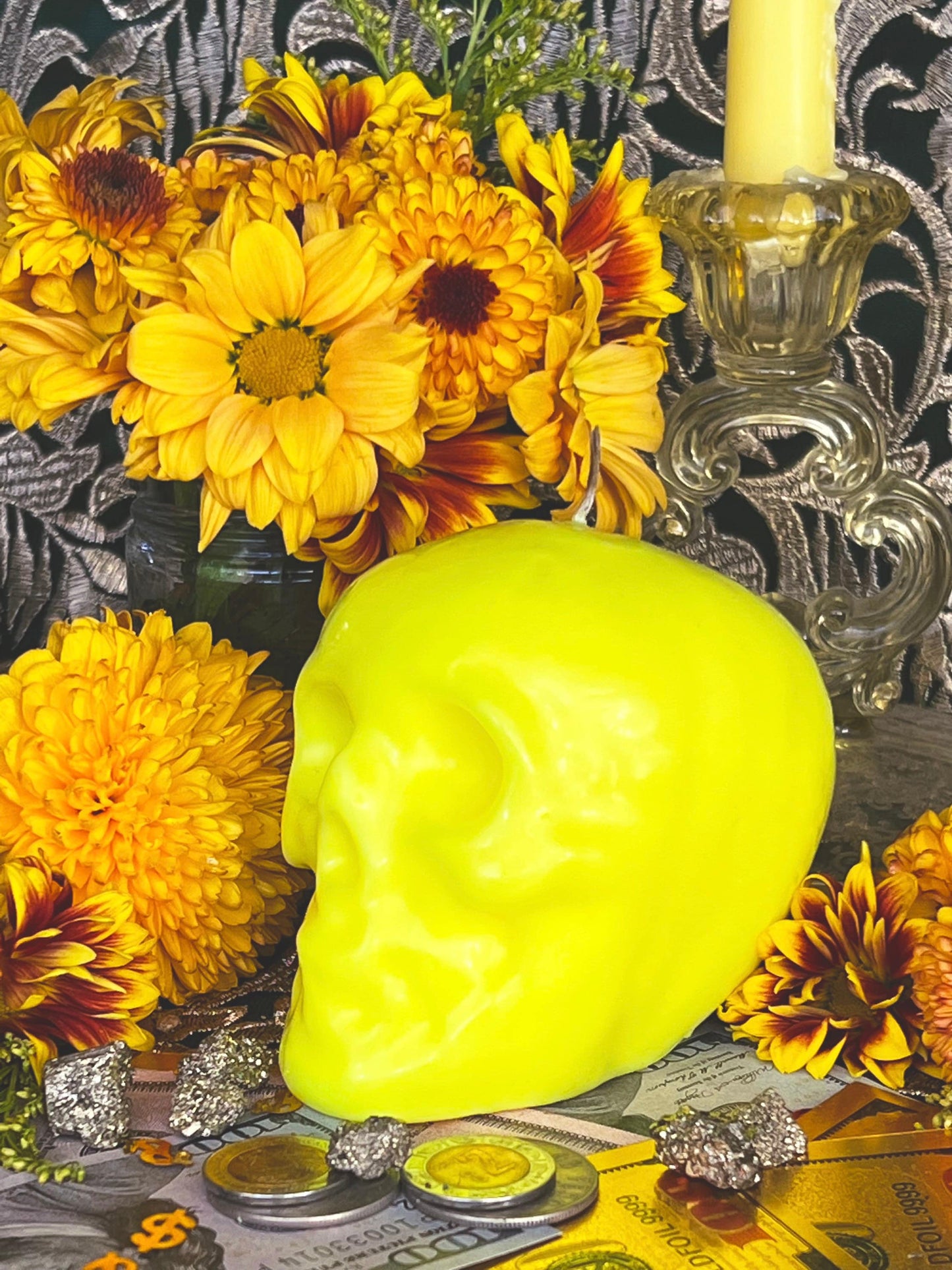 Neon Skull Candle + Influence Thoughts + Mental Health + Glows under Blacklight