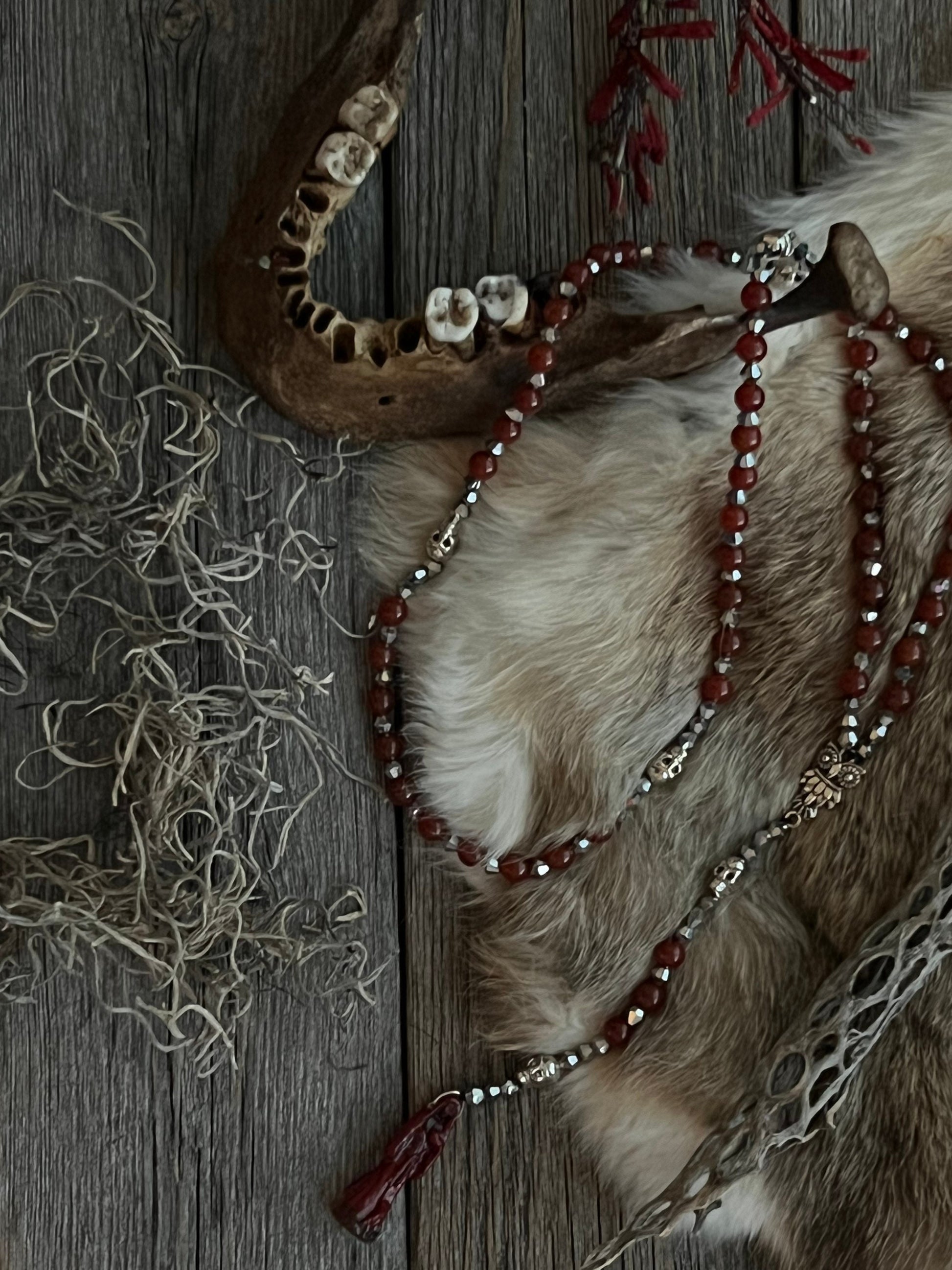 Santa Muerte Roja Rosary de Hilo + Love + Money + Domination + Luck + Justice + Blessed + Gemstone + Carnelian + Handcrafted + Rosario
