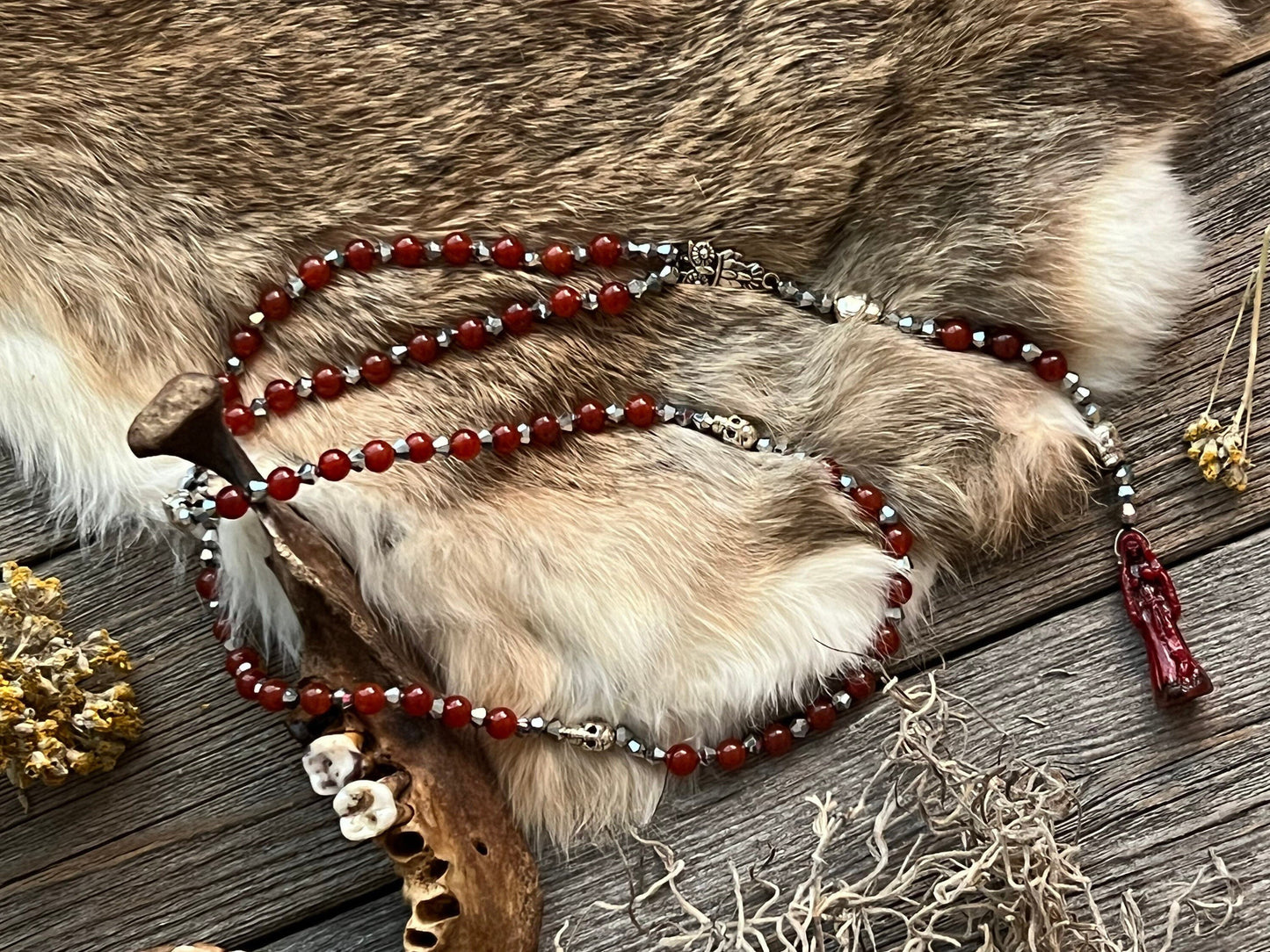 Santa Muerte Roja Rosary de Hilo + Love + Money + Domination + Luck + Justice + Blessed + Gemstone + Carnelian + Handcrafted + Rosario