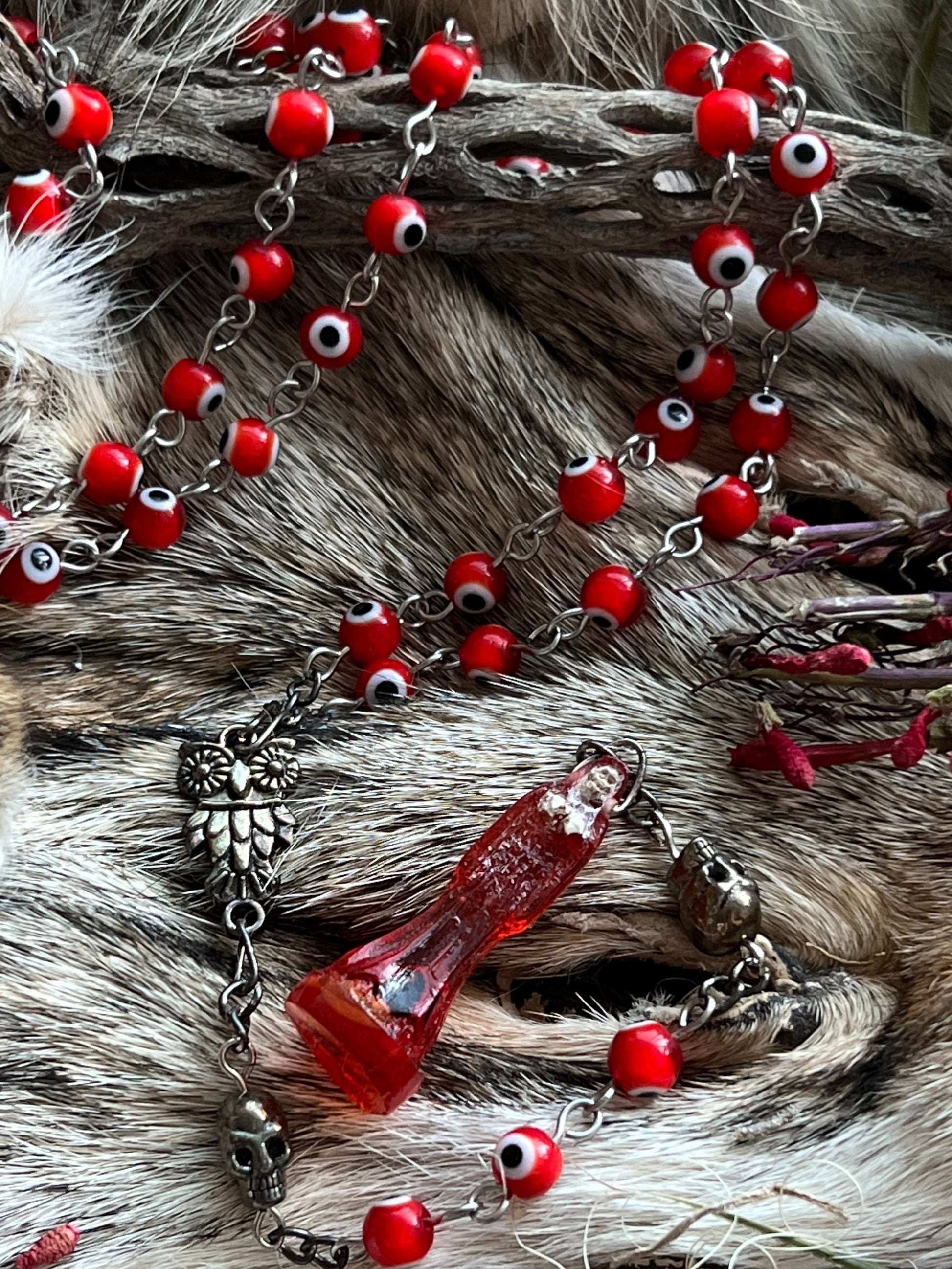 Santa Muerte Roja Evil Eye Rosary + Love + Passion + Domination + Money + Sterling Silver Plated Chain + Handcrafted + Rosario