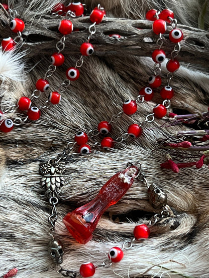 Santa Muerte Roja Evil Eye Rosary + Love + Passion + Domination + Money + Sterling Silver Plated Chain + Handcrafted + Rosario