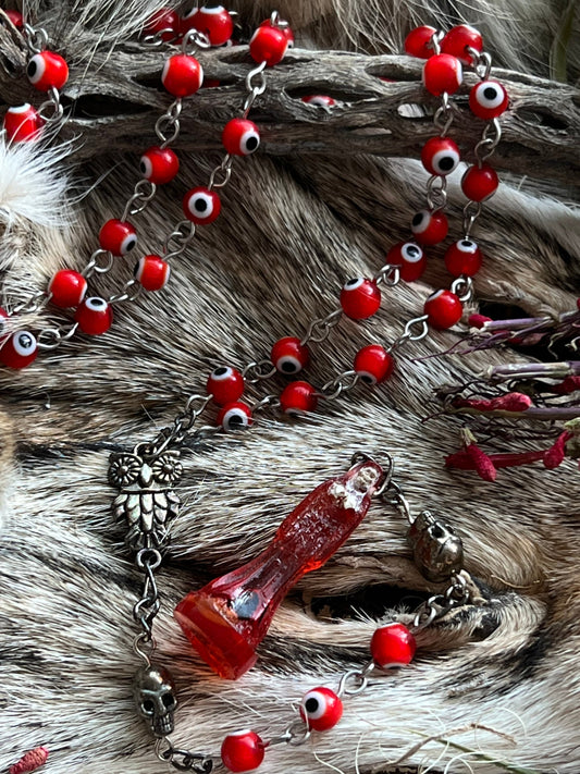 Santa Muerte Roja Evil Eye Rosary + Love + Passion + Domination + Money + Sterling Silver Plated Chain + Handcrafted + Rosario