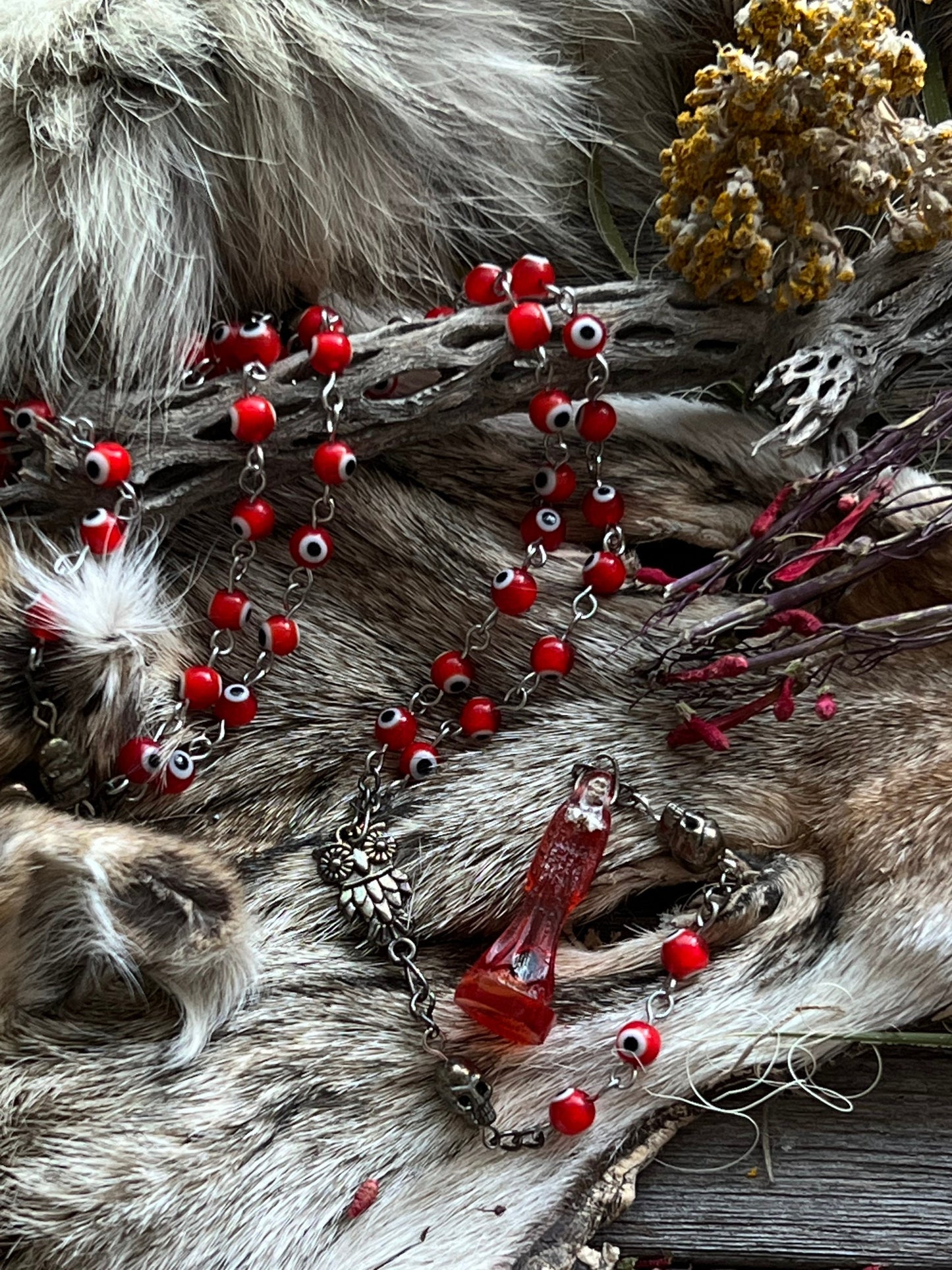 Santa Muerte Roja Evil Eye Rosary + Love + Passion + Domination + Money + Sterling Silver Plated Chain + Handcrafted + Rosario