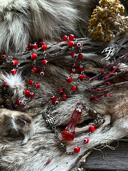 Santa Muerte Roja Evil Eye Rosary + Love + Passion + Domination + Money + Sterling Silver Plated Chain + Handcrafted + Rosario