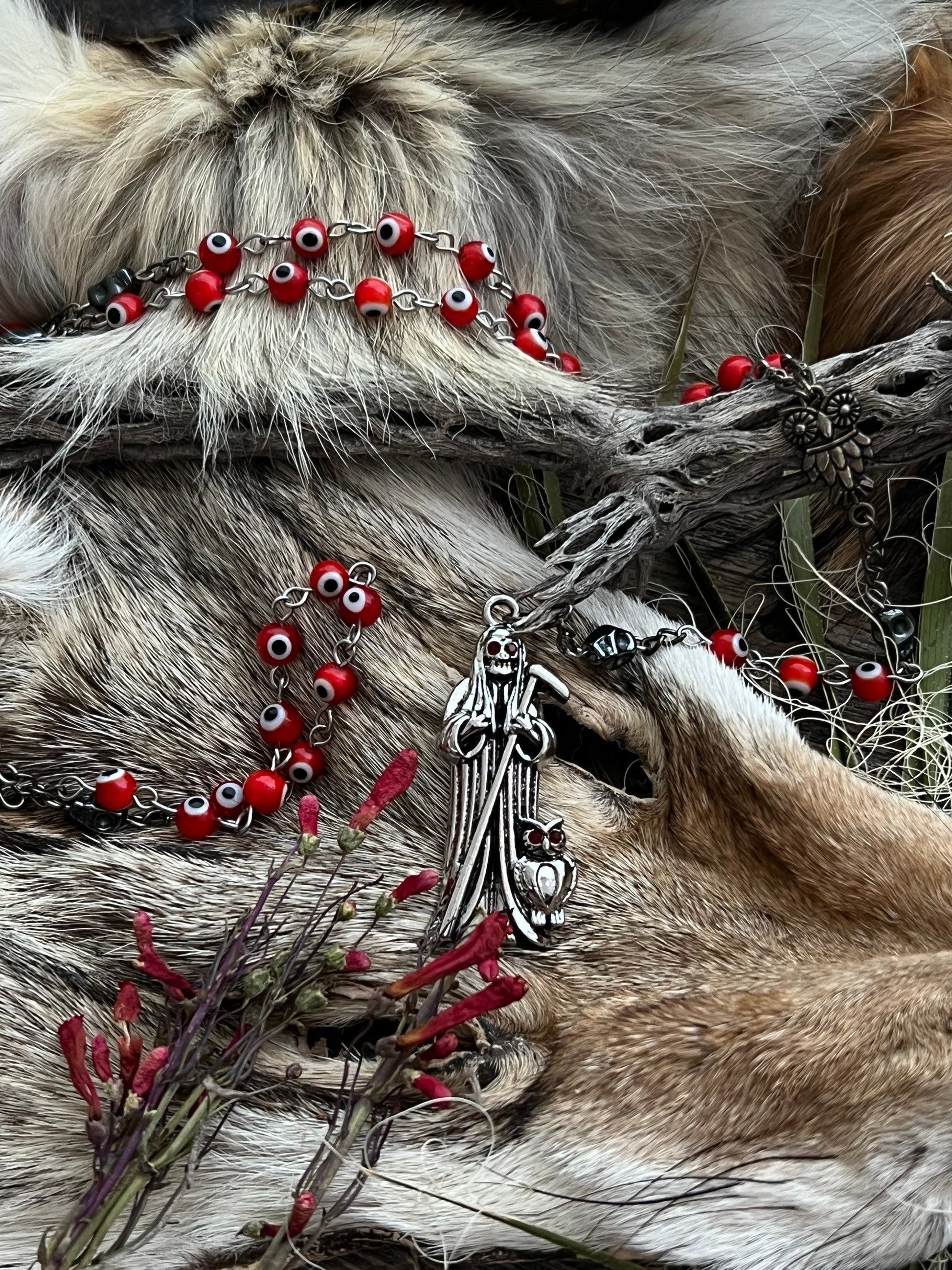 Santa Muerte Roja Evil Eye Rosary + Love + Passion + Domination + Money + Sterling Silver Plated Chain + Handcrafted + Rosario