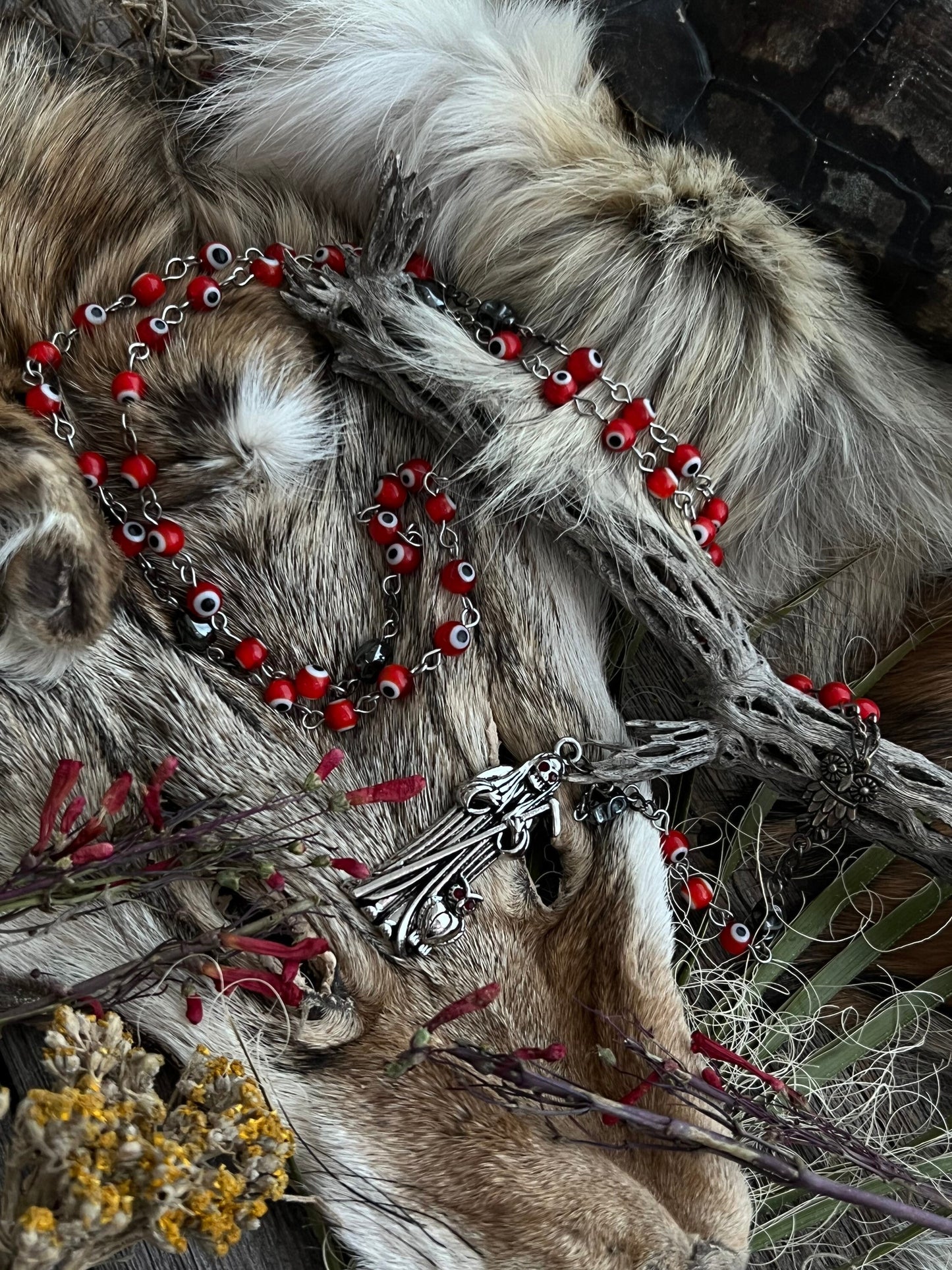 Santa Muerte Roja Evil Eye Rosary + Love + Passion + Domination + Money + Sterling Silver Plated Chain + Handcrafted + Rosario