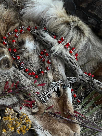 Santa Muerte Roja Evil Eye Rosary + Love + Passion + Domination + Money + Sterling Silver Plated Chain + Handcrafted + Rosario