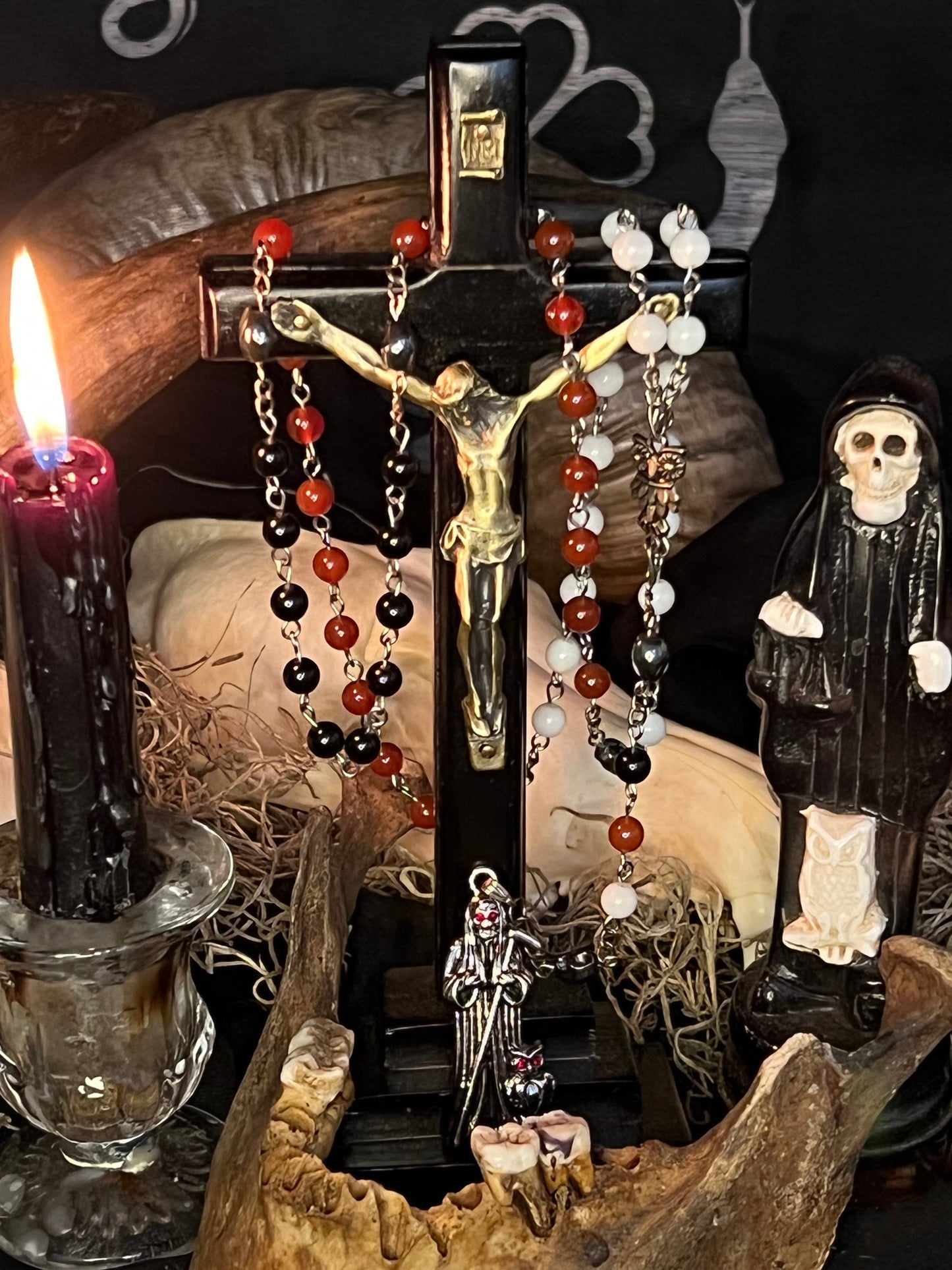 Santa Muerte 3 Robes Rosary + Gemstone + Blessed + Traditional Colors + Sterling Silver Plated Chain + Handcrafted + Rosario + All-Purpose