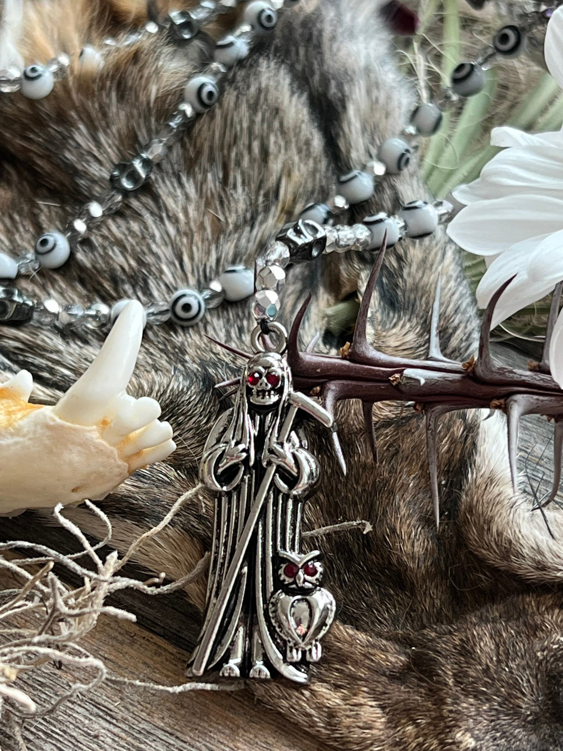 Santa Muerte Blanca Evil Eye Rosary de Hilo + Blessed + Handcrafted + Rosario