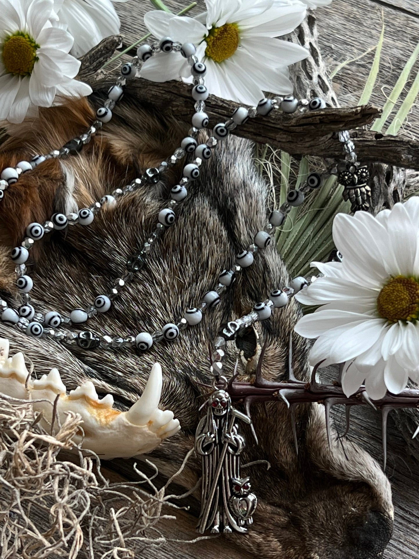 Santa Muerte Blanca Evil Eye Rosary de Hilo + Blessed + Handcrafted + Rosario