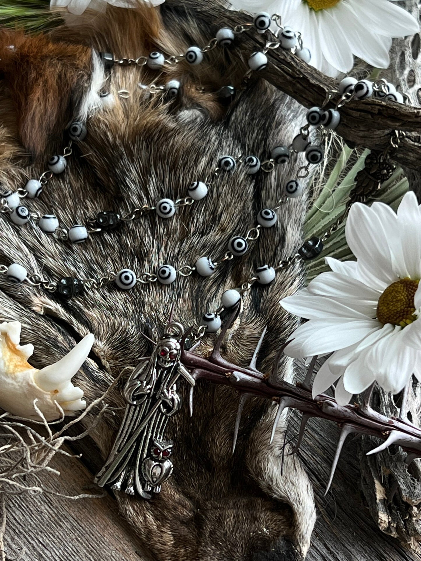 Santa Muerte Blanca Evil Eye Rosary + Blessed + Sterling Silver Plated Chain + Handcrafted + Rosario
