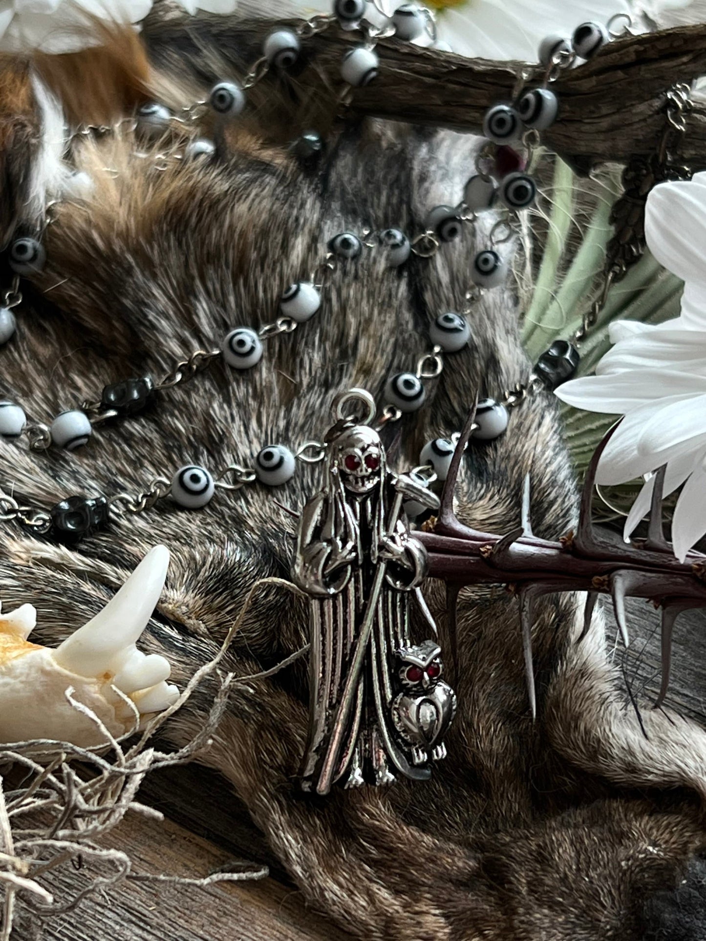 Santa Muerte Blanca Evil Eye Rosary + Blessed + Sterling Silver Plated Chain + Handcrafted + Rosario