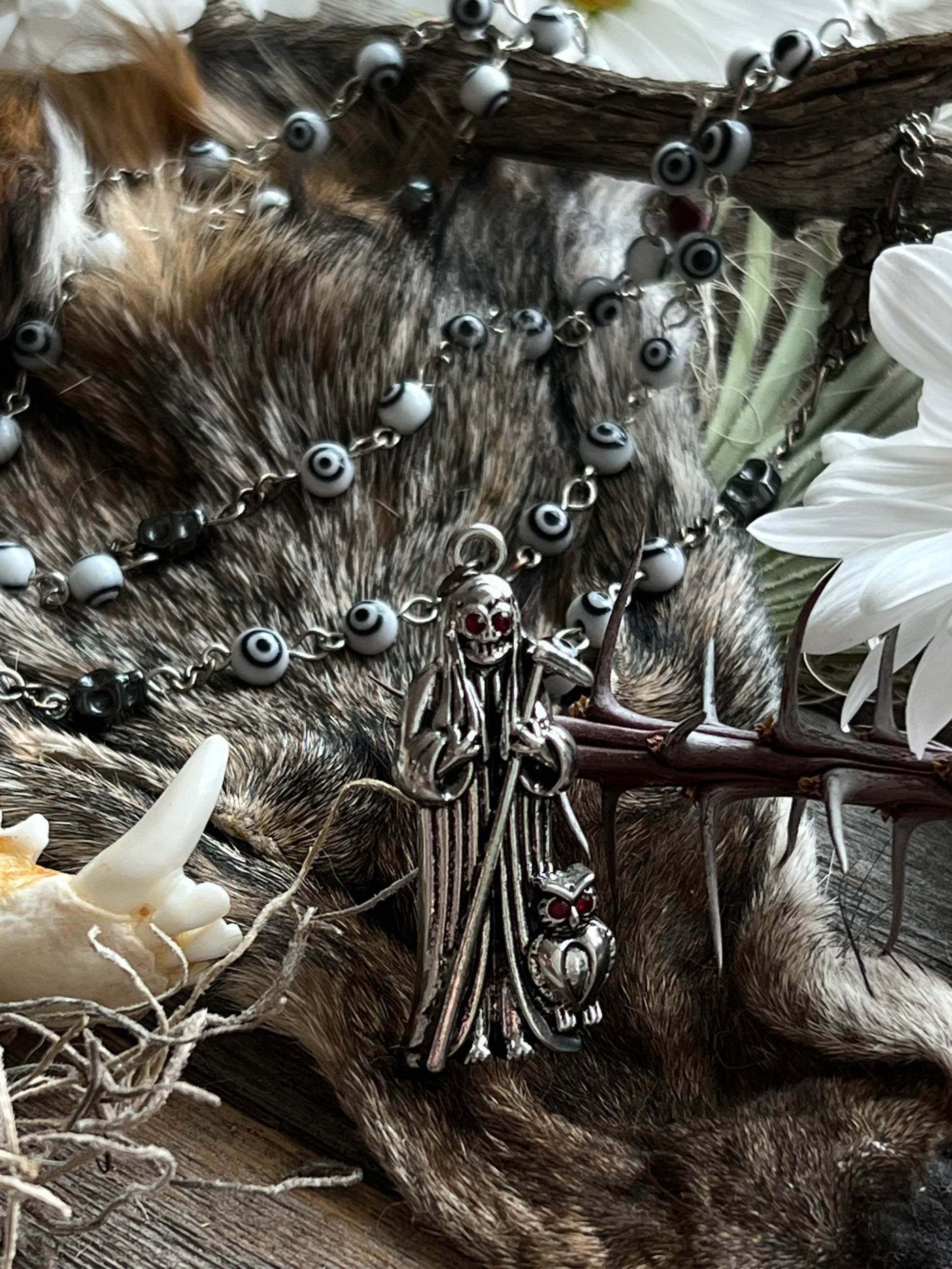 Santa Muerte Blanca Evil Eye Rosary + Blessed + Sterling Silver Plated Chain + Handcrafted + Rosario
