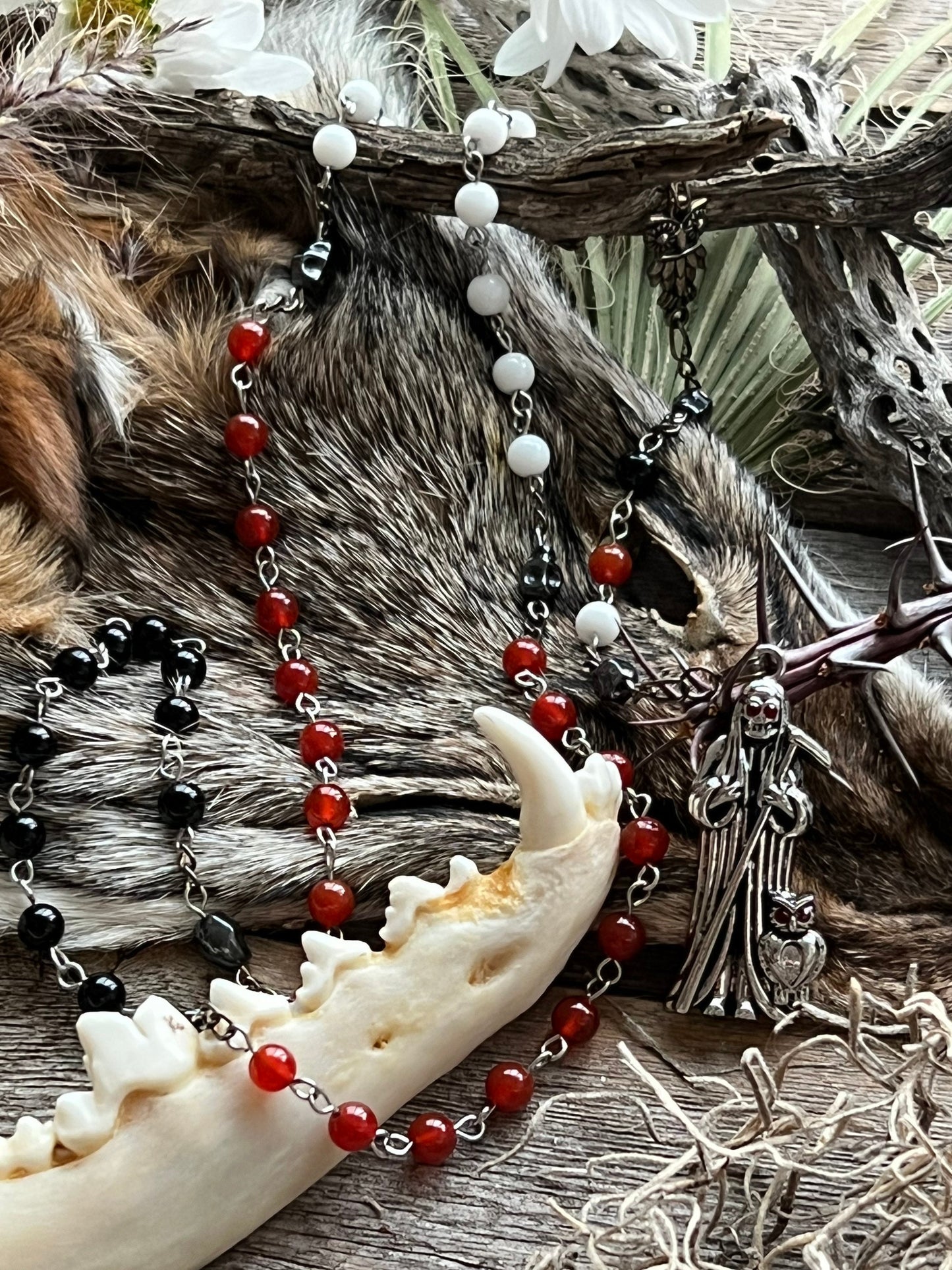 Santa Muerte 3 Robes Rosary + Gemstone + Blessed + Traditional Colors + Sterling Silver Plated Chain + Handcrafted + Rosario + All-Purpose