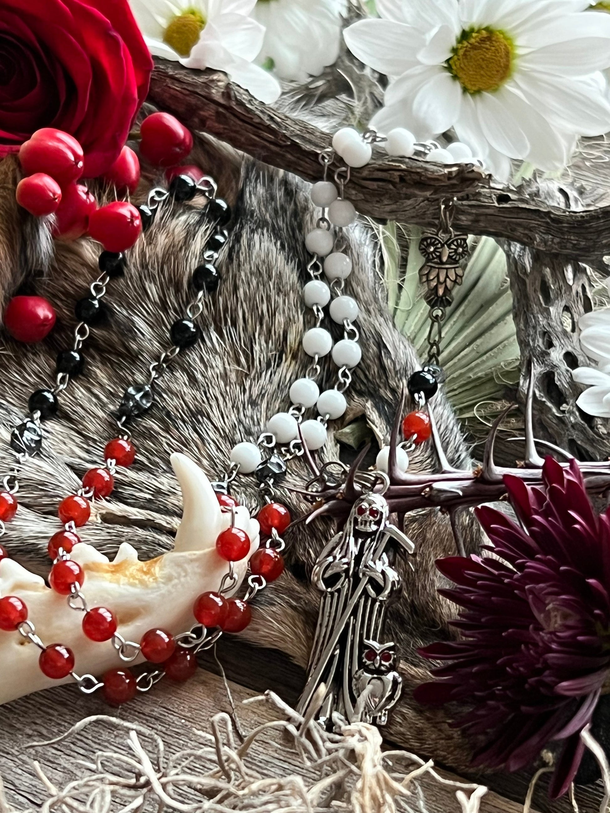 Santa Muerte 3 Robes Rosary + Gemstone + Blessed + Traditional Colors + Sterling Silver Plated Chain + Handcrafted + Rosario + All-Purpose