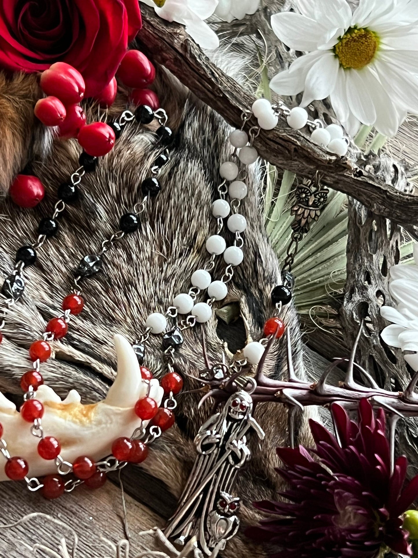 Santa Muerte 3 Robes Rosary + Gemstone + Blessed + Traditional Colors + Sterling Silver Plated Chain + Handcrafted + Rosario + All-Purpose