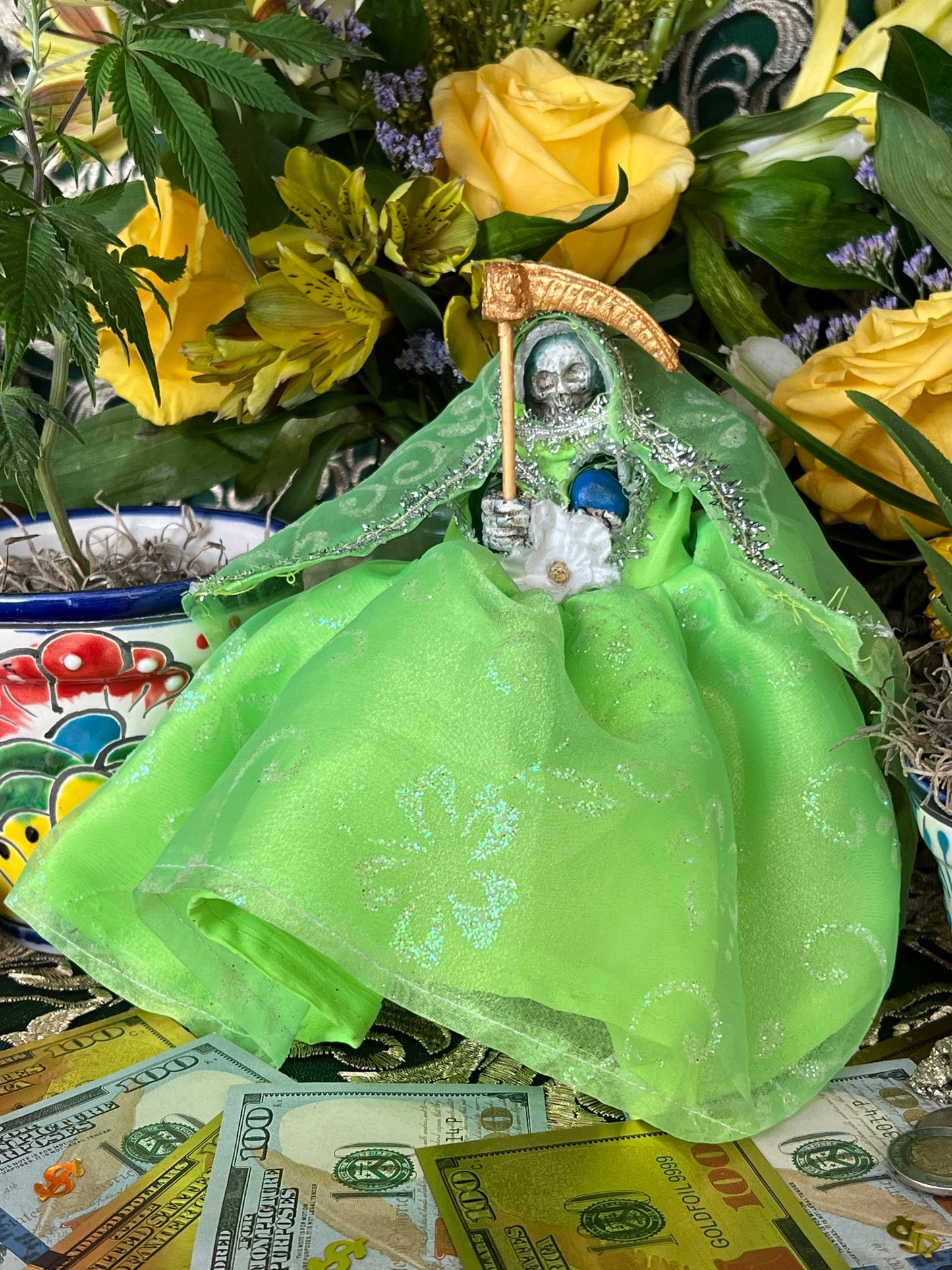 Santa Muerte Verde Statue with Dress + Green + Money + Legal Issues + Justice + Baptized + Fixed + Made in Mexico + 24K Gold Leaf on Scythe
