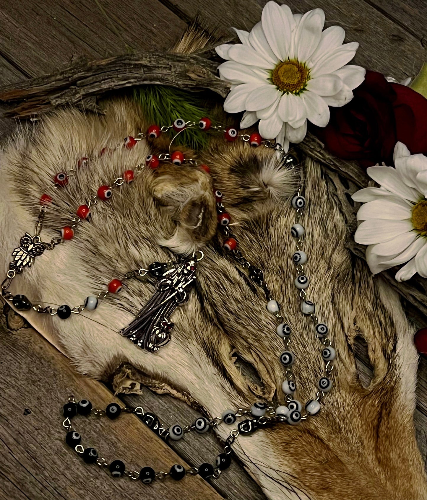 Santa Muerte Evil Eye Rosary + Traditional Colors + 3 Robes + Blessed + Handcrafted + Sterling Silver Plated Chain + Rosario + Tricolor