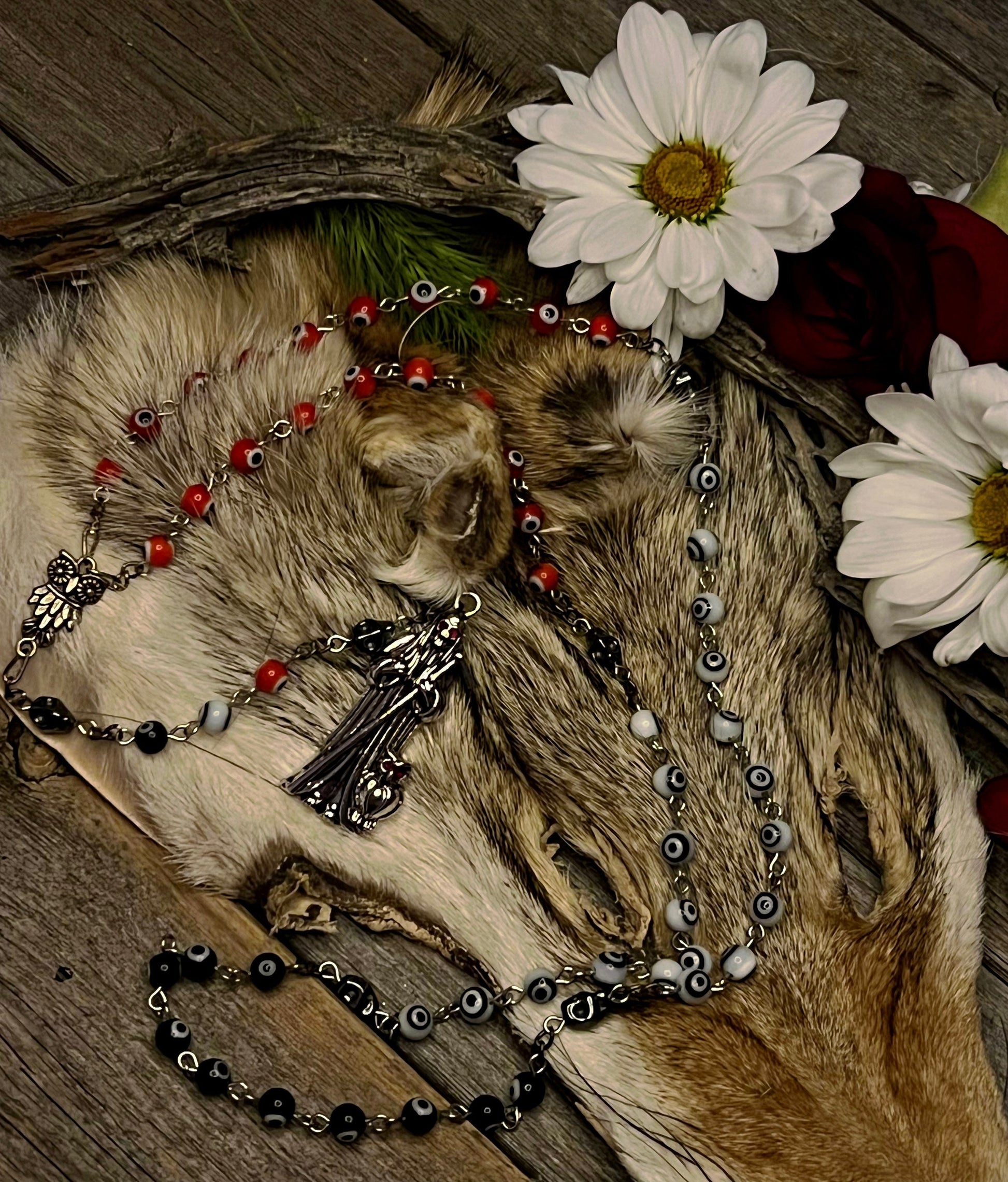 Santa Muerte Evil Eye Rosary + Traditional Colors + 3 Robes + Blessed + Handcrafted + Sterling Silver Plated Chain + Rosario + Tricolor