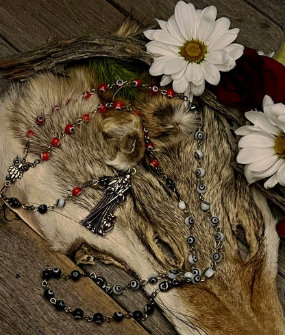 Santa Muerte Evil Eye Rosary + Traditional Colors + 3 Robes + Blessed + Handcrafted + Sterling Silver Plated Chain + Rosario + Tricolor